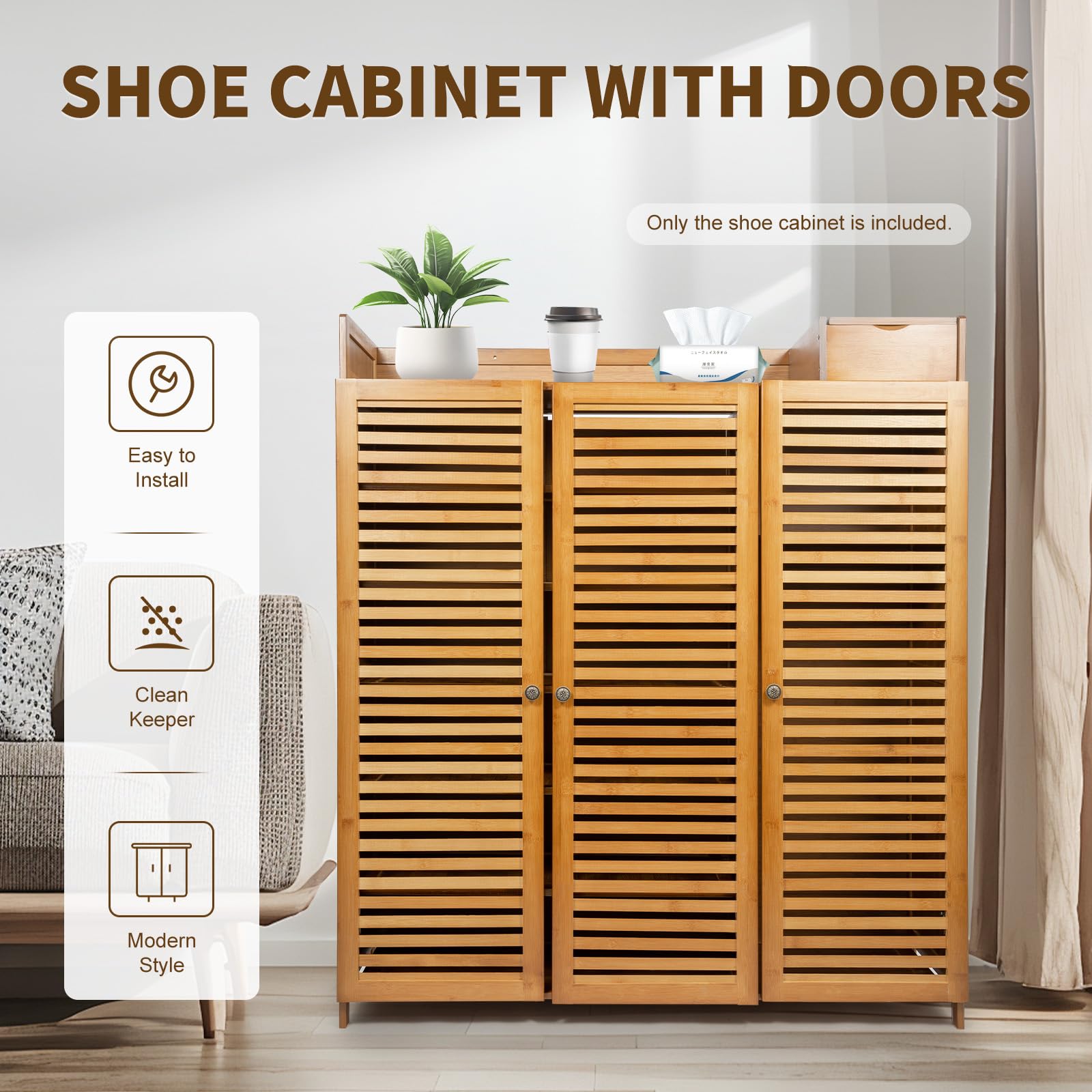 Scarpiera portaoggetti per Letteratura con Ante a persiana, 30 Paia di Scarpe, con Ripiani, Stile Rustico Boho, in Legno, per Ingresso, corridoio