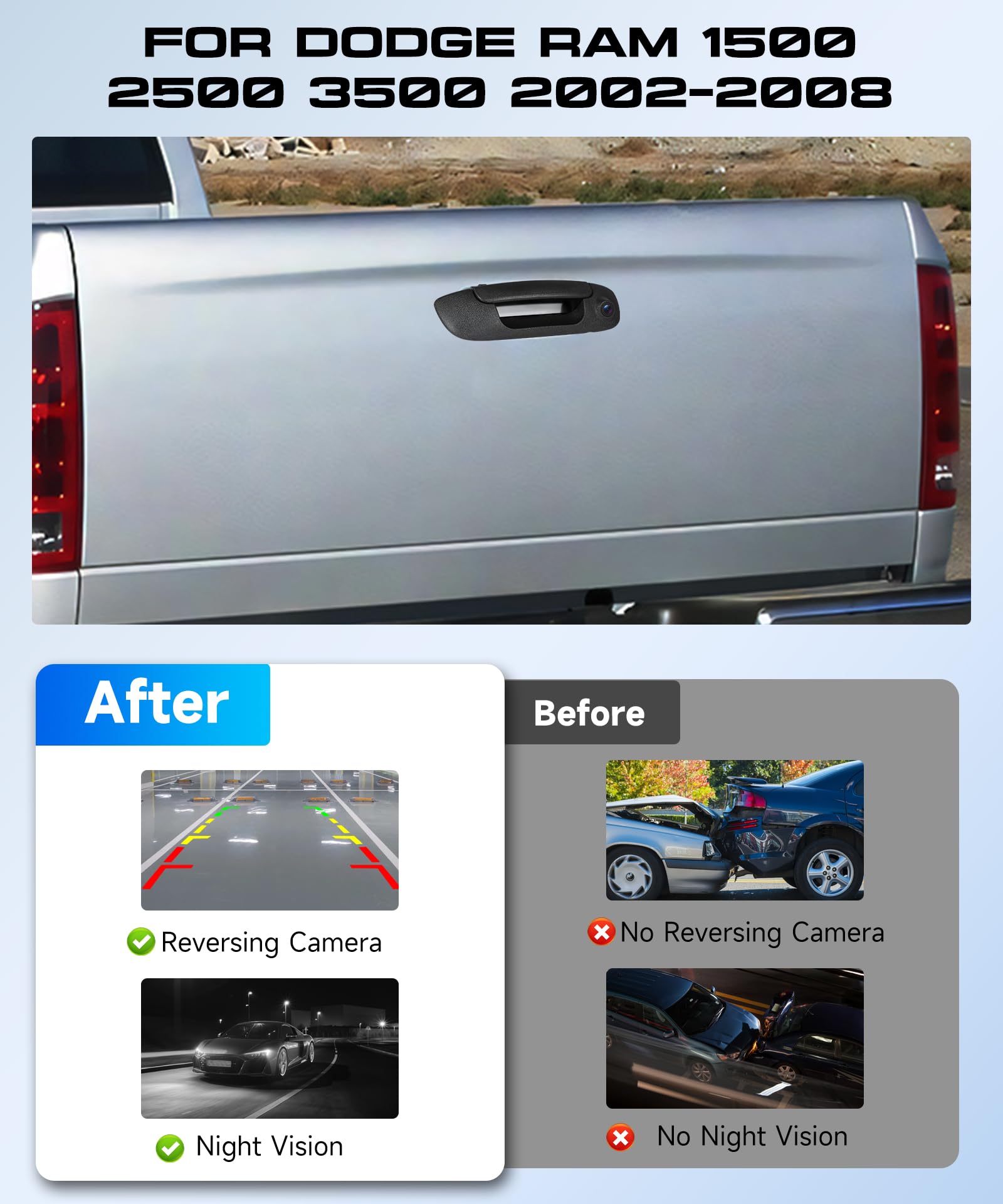 VECHTEL Cámara de visión trasera con luz de freno,cámara de visión trasera para coche con visión nocturna 720P para Dodge Ram 1500 2500 3500 2002-2008,cámara gran angular de 140°,luz de freno de techo