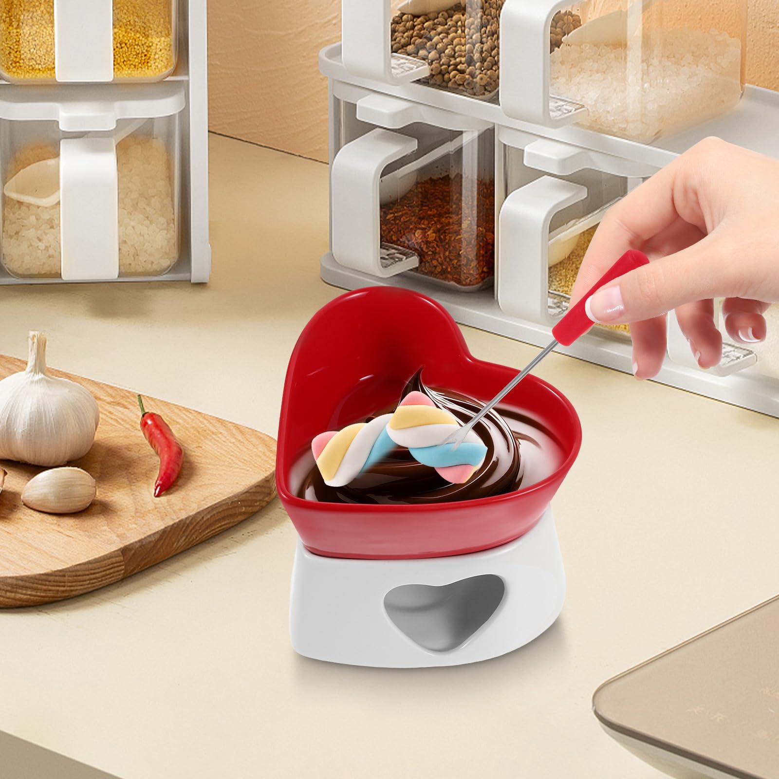 VALICLUD Set Fonduta in Ceramica a Cuore per Cioccolato e Formaggio