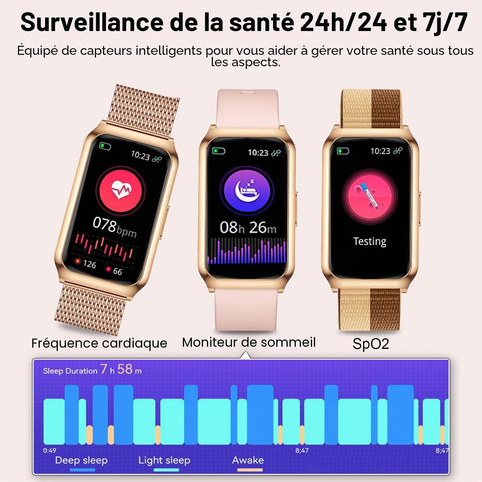 Montre Connectée Femme, 1.47" HD Smartwatch avec Cadre en Aluminium, 26 Modes Sportifs, Fréquence Cardiaque SpO2 Suivi Sommeil, Etanche IP68 Smartwatch Féminine pour Android iOS, Or Rose