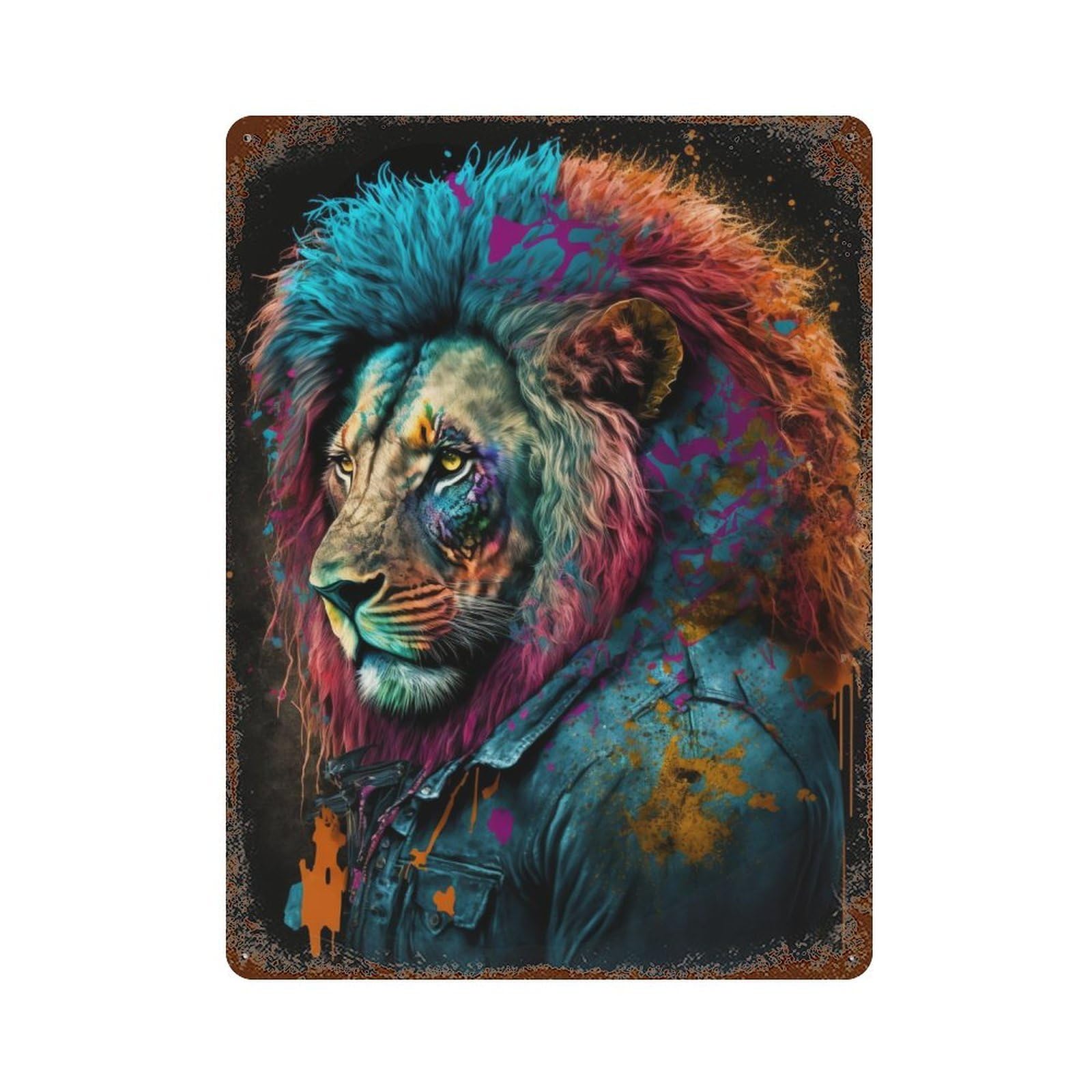 Colorful Lion Art Print-13 15.7"x11.8" Vintage Rust Metal Sign, Novelty Wall Decor for Living Room, Hallway And Home Decor
