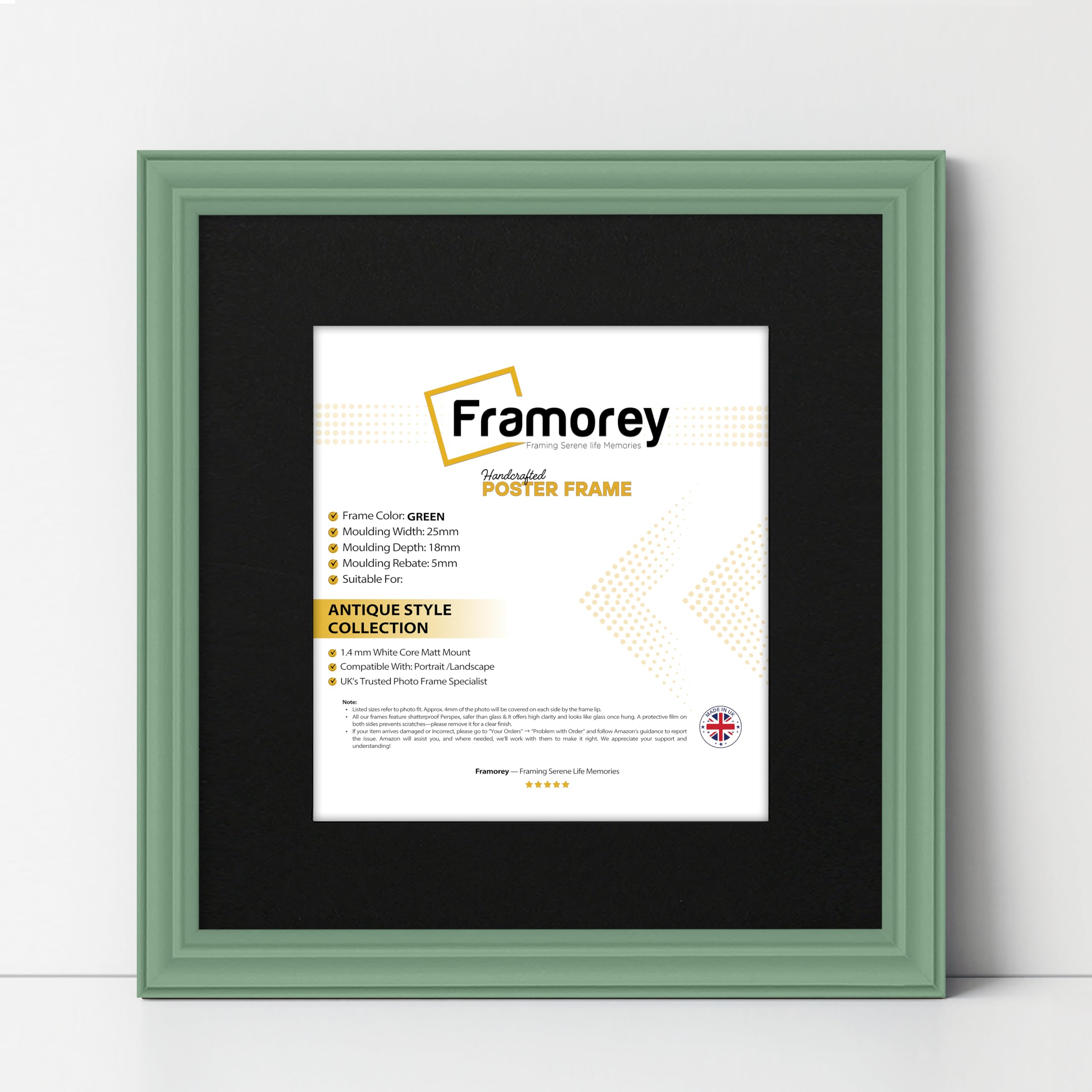 FRAMOREY Square Photo Frame, 45x45CM Size Green Picture Frame With 35x35CM Size Black Mount, LW Antique Style Poster Frame