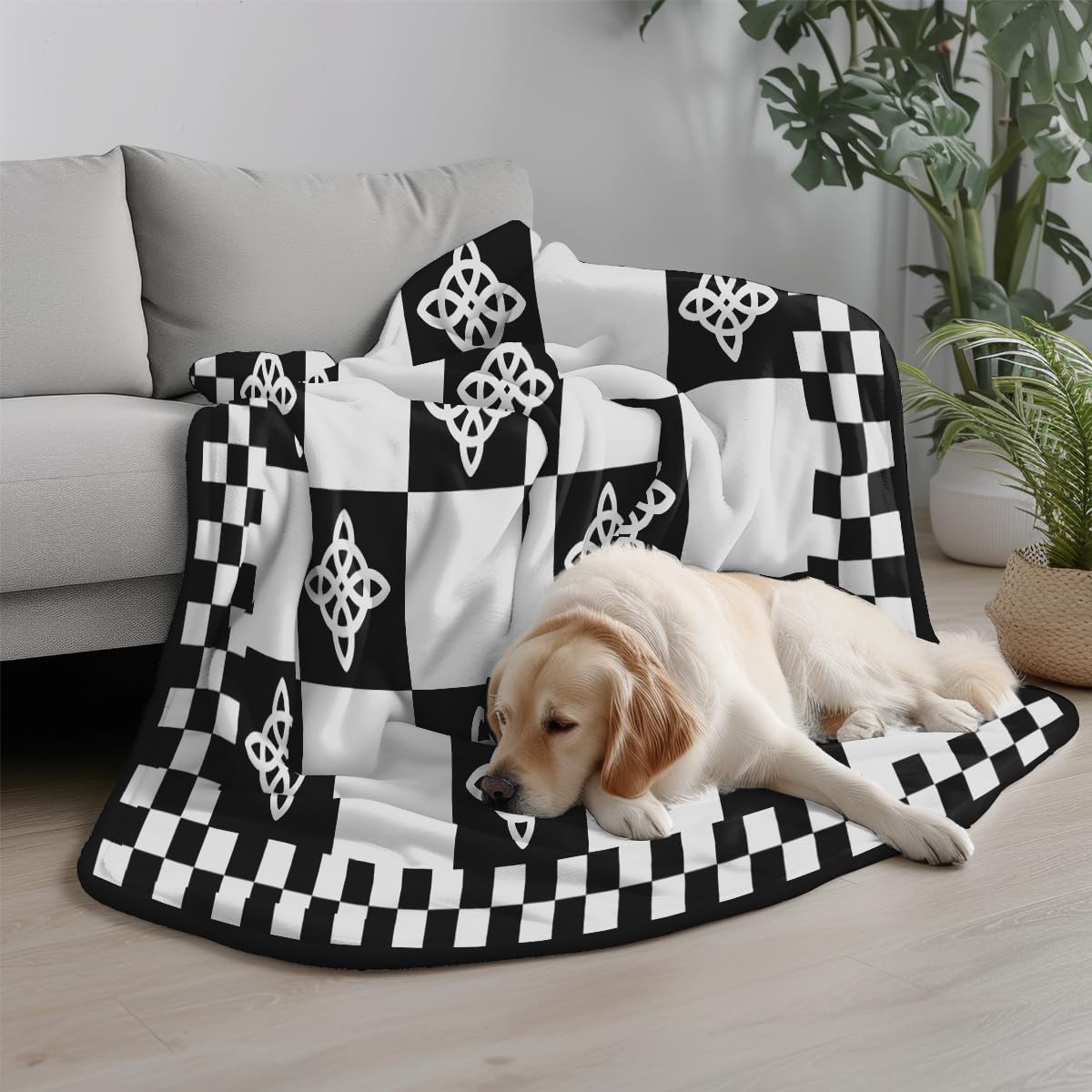 NIGHTCRUZ Witch Knot Throw Blanket, Black and White Checkered Pattern, Celtic Knot Decorative Blanket for Sofa and Couch (80" x 60")