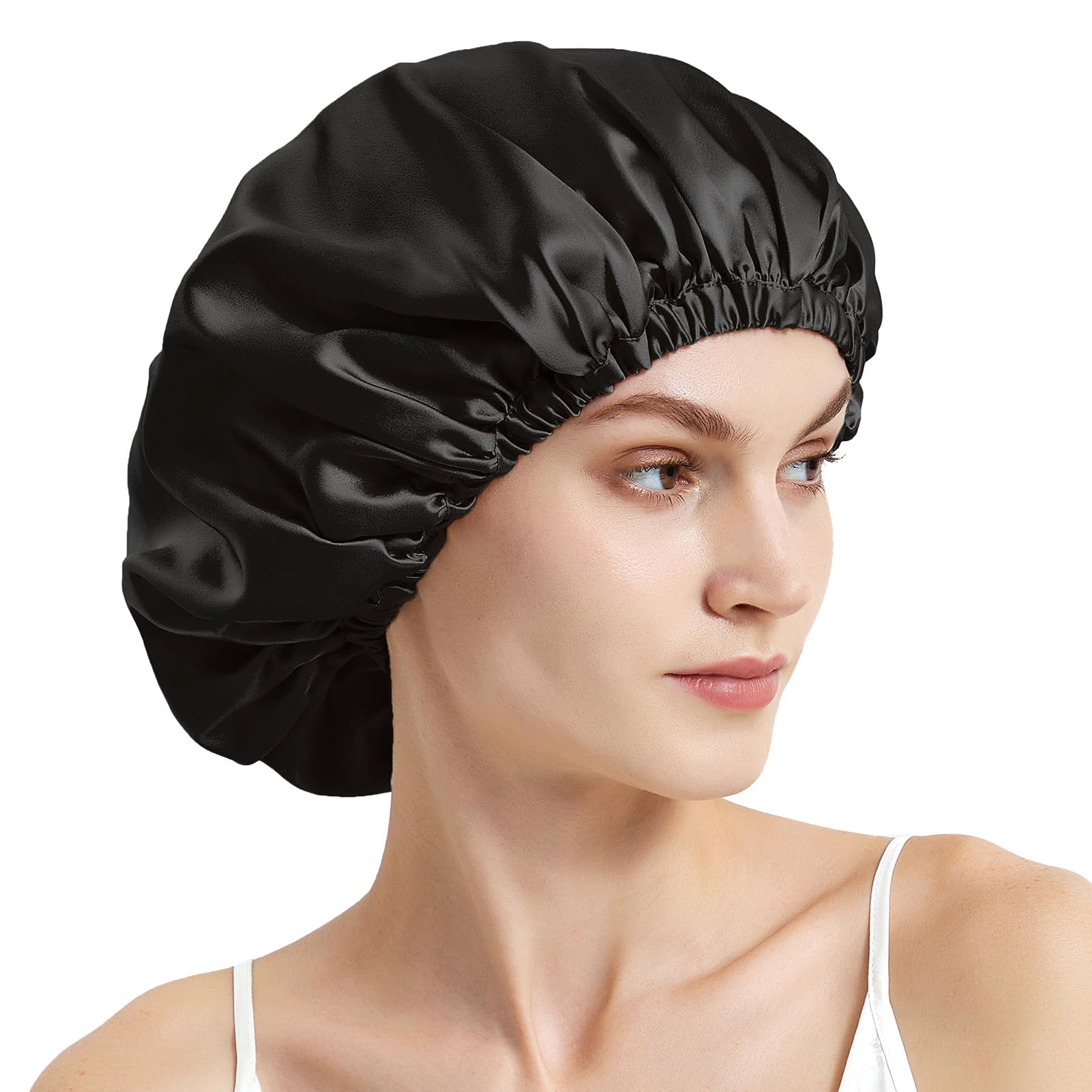 Mommesilk 100% Seidenmütze Damen 22 Momme Große Seidenschlafmütze Elastisches Band Seiden Turban für Frizziges Haar Schadensvorbeugung