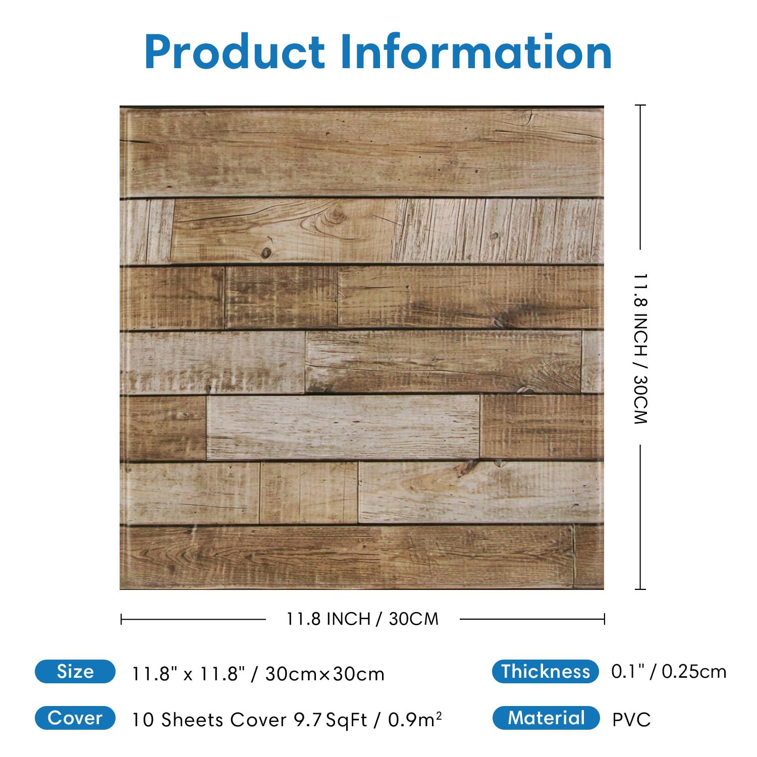 COMSTICKC Panneaux Muraux 3D Adhesif Bois, 10 Pièces 30x30 cm, Fausse Murale PVC 3D Autocollants Muraux Imitation Bois, imperméable (couleur bois)