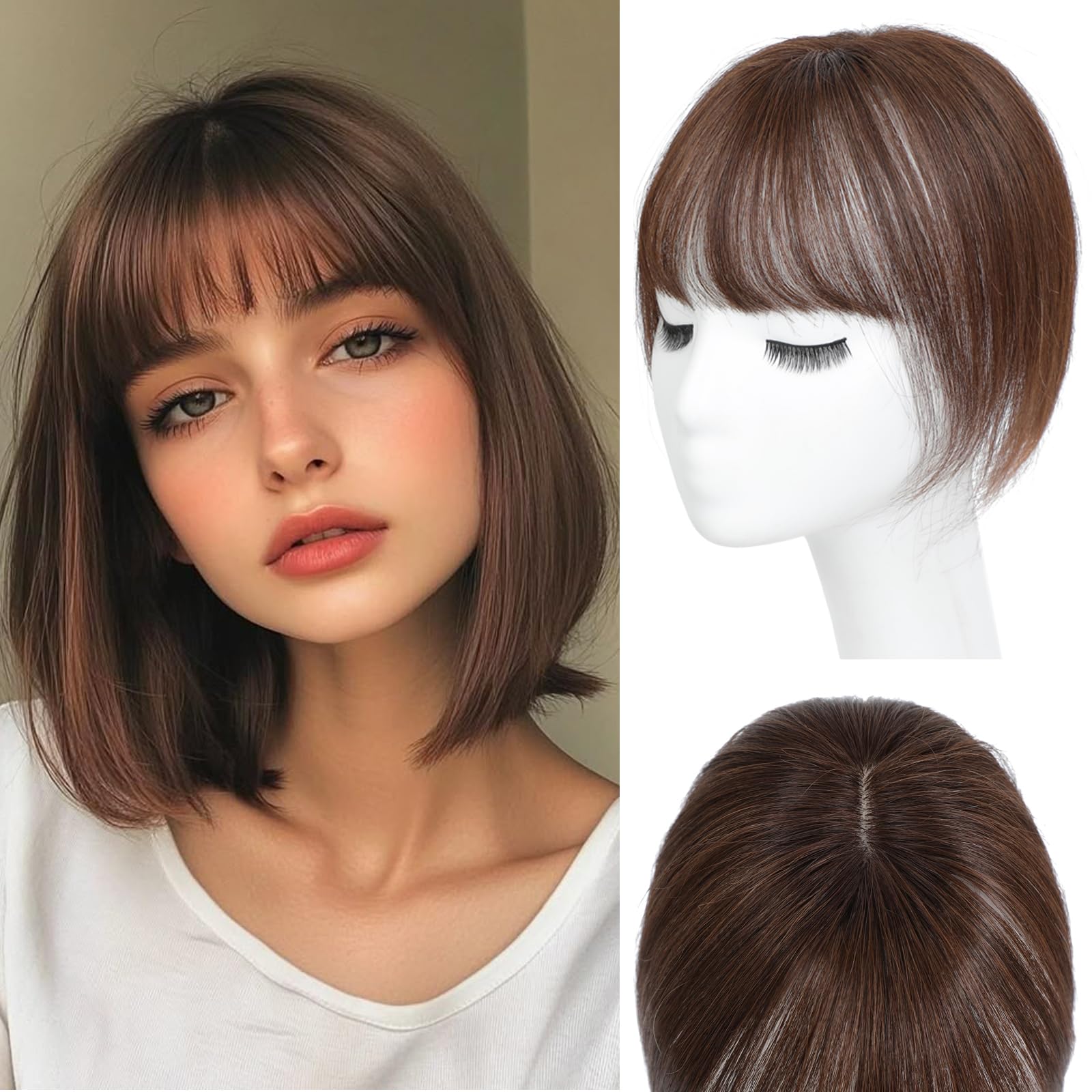 Hair Toppers for Women Real Human Hair， 360°3D Cover Toppers Hairpieces for Women with Thinning Crown Wispy Clip in Bangs Realistic Scalp Hairline (Mocha Brown, Wispy Bangs)
