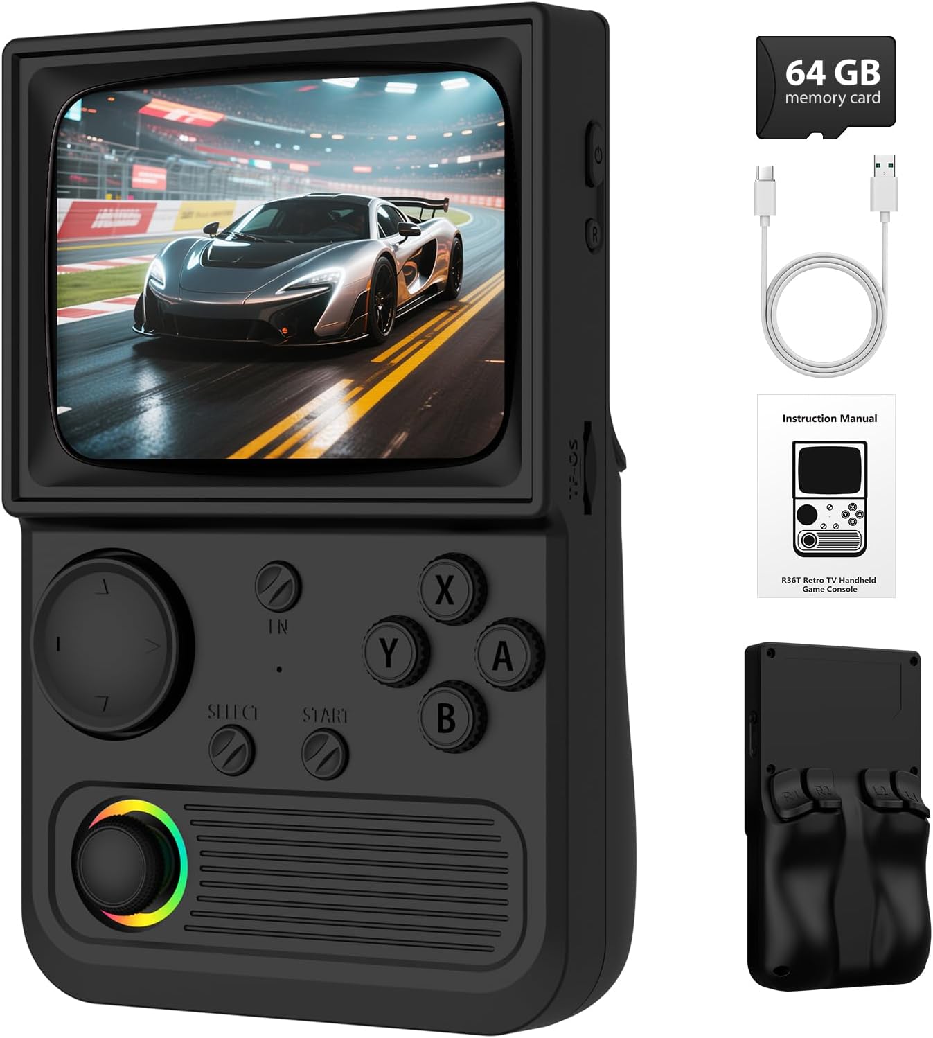 R36T Retro Handheld Game Console, Portable Retro Gaming Console with 3.5” CRT-Inspired Screen, 3500mAh Arcade Classics, Supports Multiple Mainstream Emulators, WiFi Network Battling, 64GB (Black)