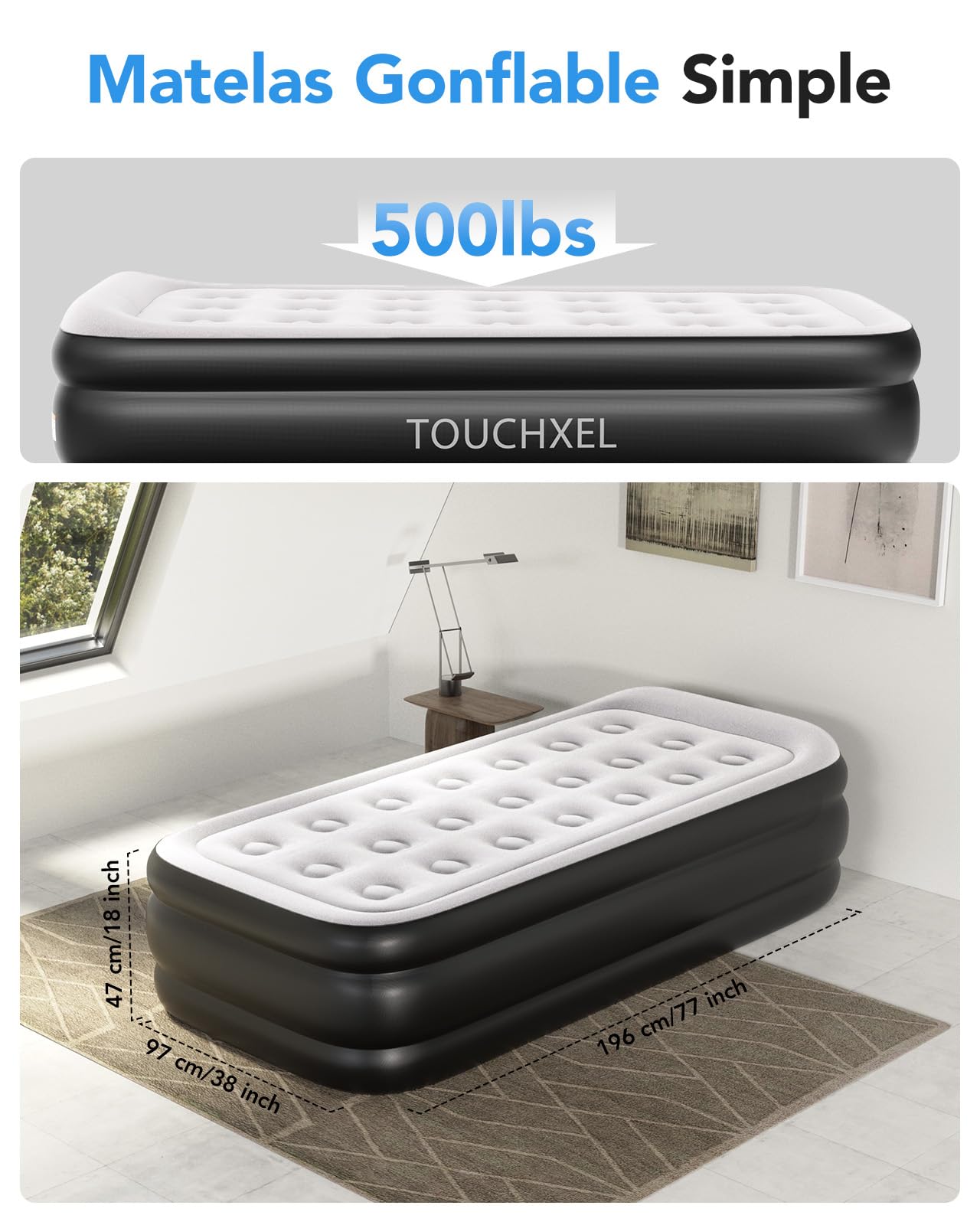 Matelas Gonflable 1 Place 196 x 97 x 47 cm avec Pompe Électrique Intégrée, Gonflage Ultra Rapide, Confort Exceptionnel, Idéal pour Invités et Voyage