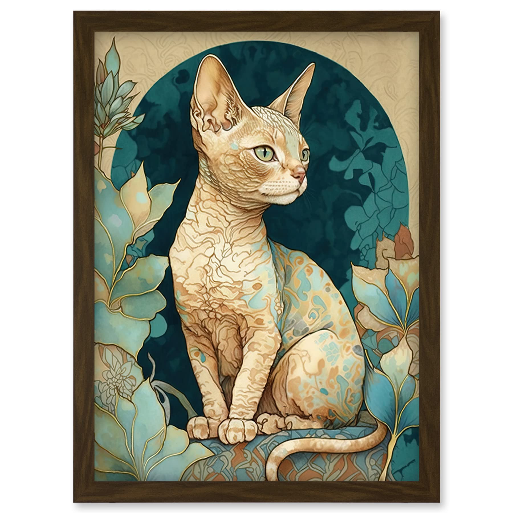 Devon Rex Cat Art Nouveau Illustration - Framed Wall Art Print A4 - Brown Fur - Artery8