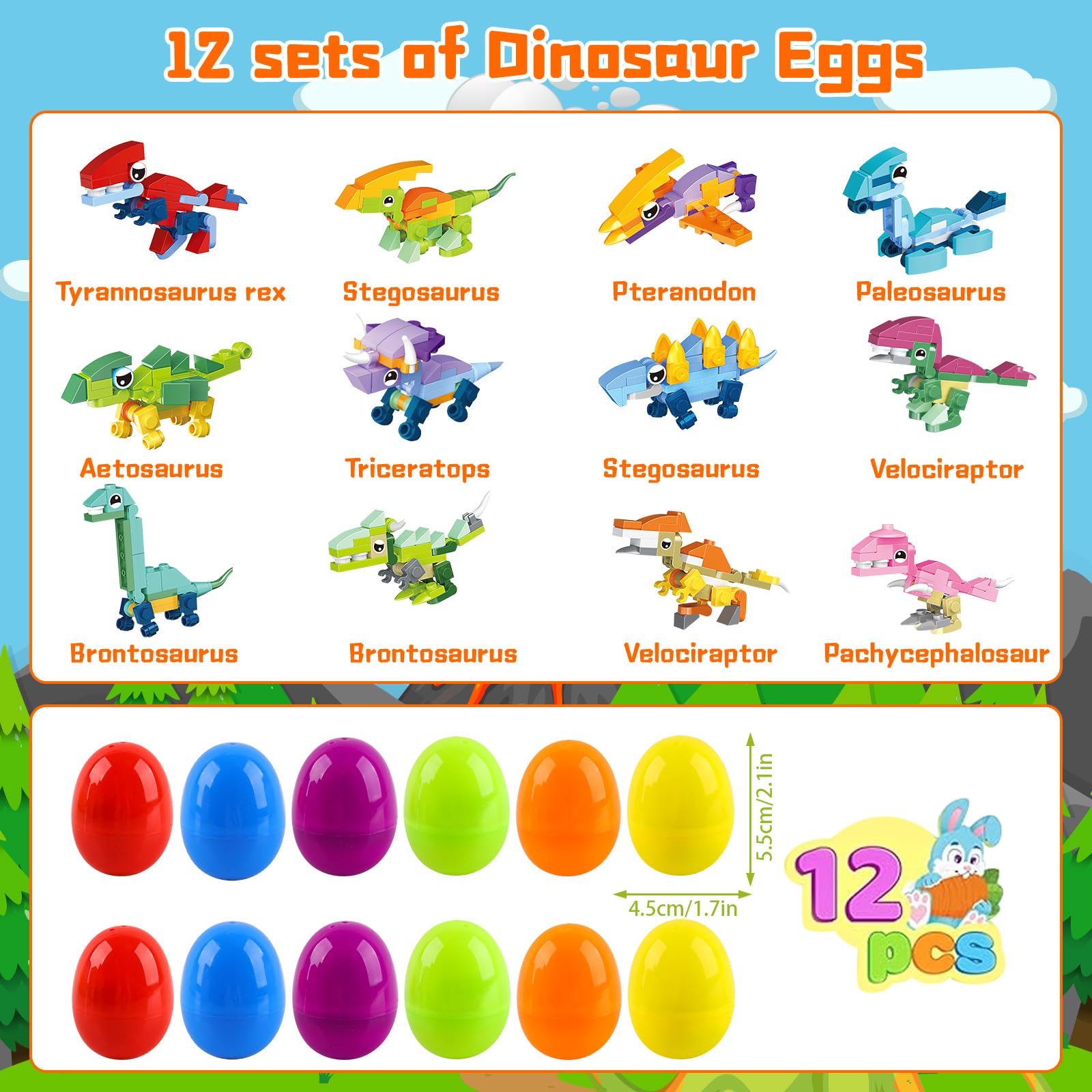 dellyy Pisanki 12 szt. Jajka Niespodzianka, Plastikowe Pisanki Z Klockami Budowlanymi Samochodowymi, Na Wielkanocne Polowanie, Prezenty dla Dzieci I Imprezowe Pamiątki (dinozaury)