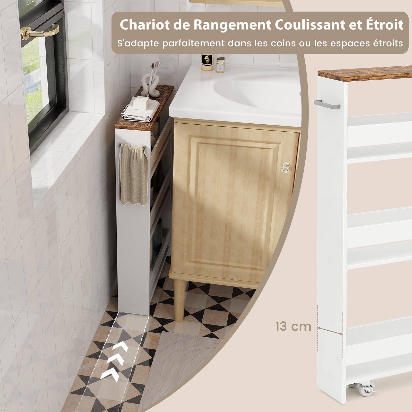 COSTWAY Chariot de Rangement 13 cm à roulettes, Desserte de Cuisine Etroit à 4 Niveaux avec Poignée Latérale et Roues Universelles avec Freins, Design Étroit pour Petit Espace (Blanc + Indstriel)
