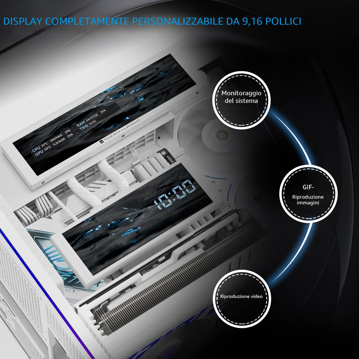 Thermalright A70 Vision Bianco- Case PC con display da 9,16 pollici | vetro di sicurezza panoramico, torre ATX, supporta scheda madre ATX/schede grafiche da 42cm