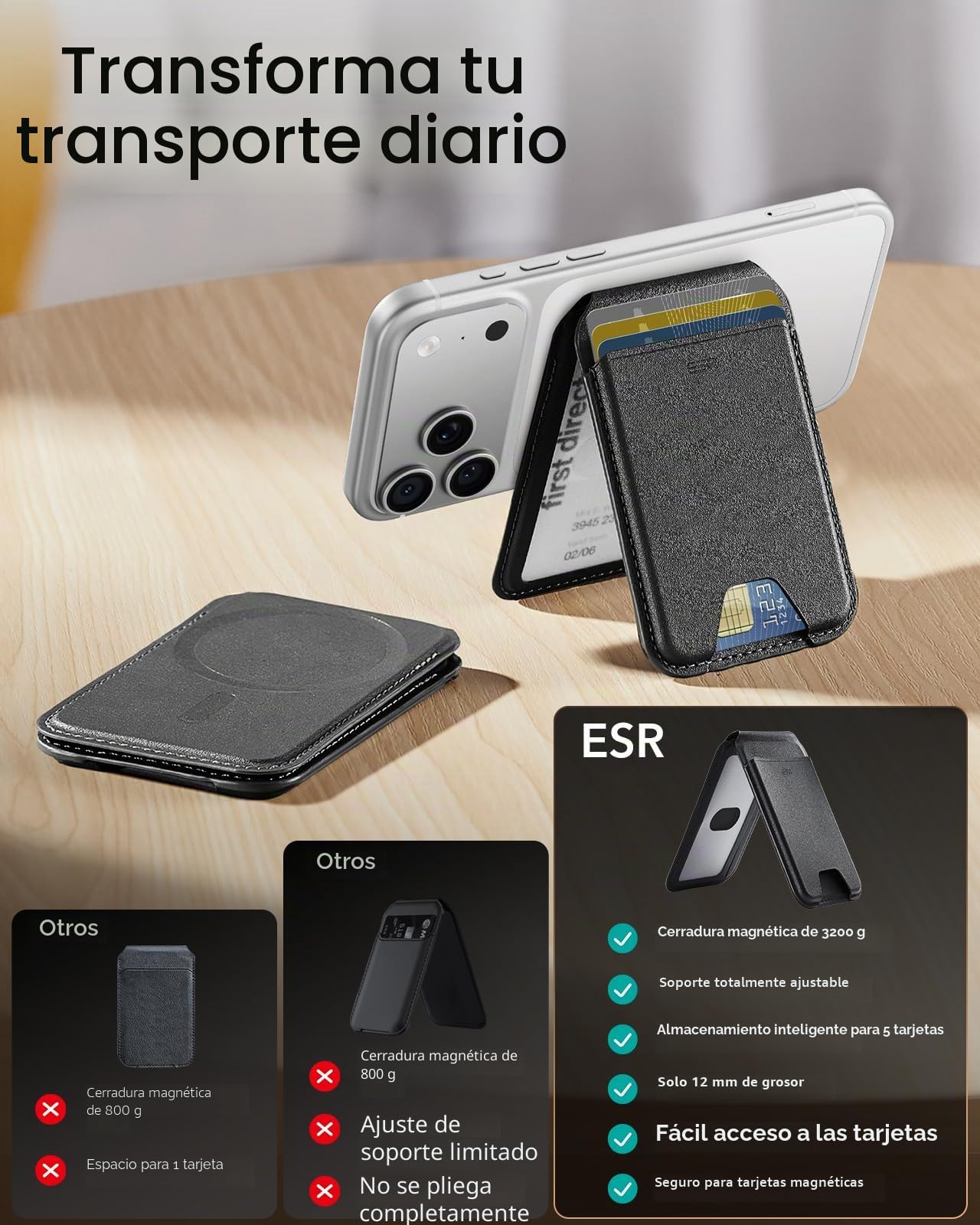 ESR para MagSafe Cartera, Compatible para Magsafe Wallet, Bloqueo RFID, Soporte Ajustable, 5 Tarjetas, Cuero Vegano,para iPhone Series iPhone 17e/17/16/15/14/13/12 y Algunos Dispositivos Samsung,Negro