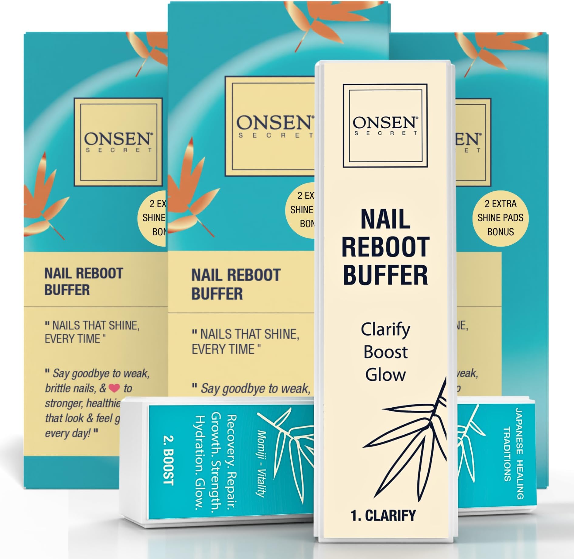 Onsen Professional Nail Buffer 3pk, Ultimate Shine Nail Buffing Block With 3 Way Buffing Methods, Smooth & Shine After Onsen Nail Filer, Compact Purse Size Manicure Tools for Optimum Nail Care