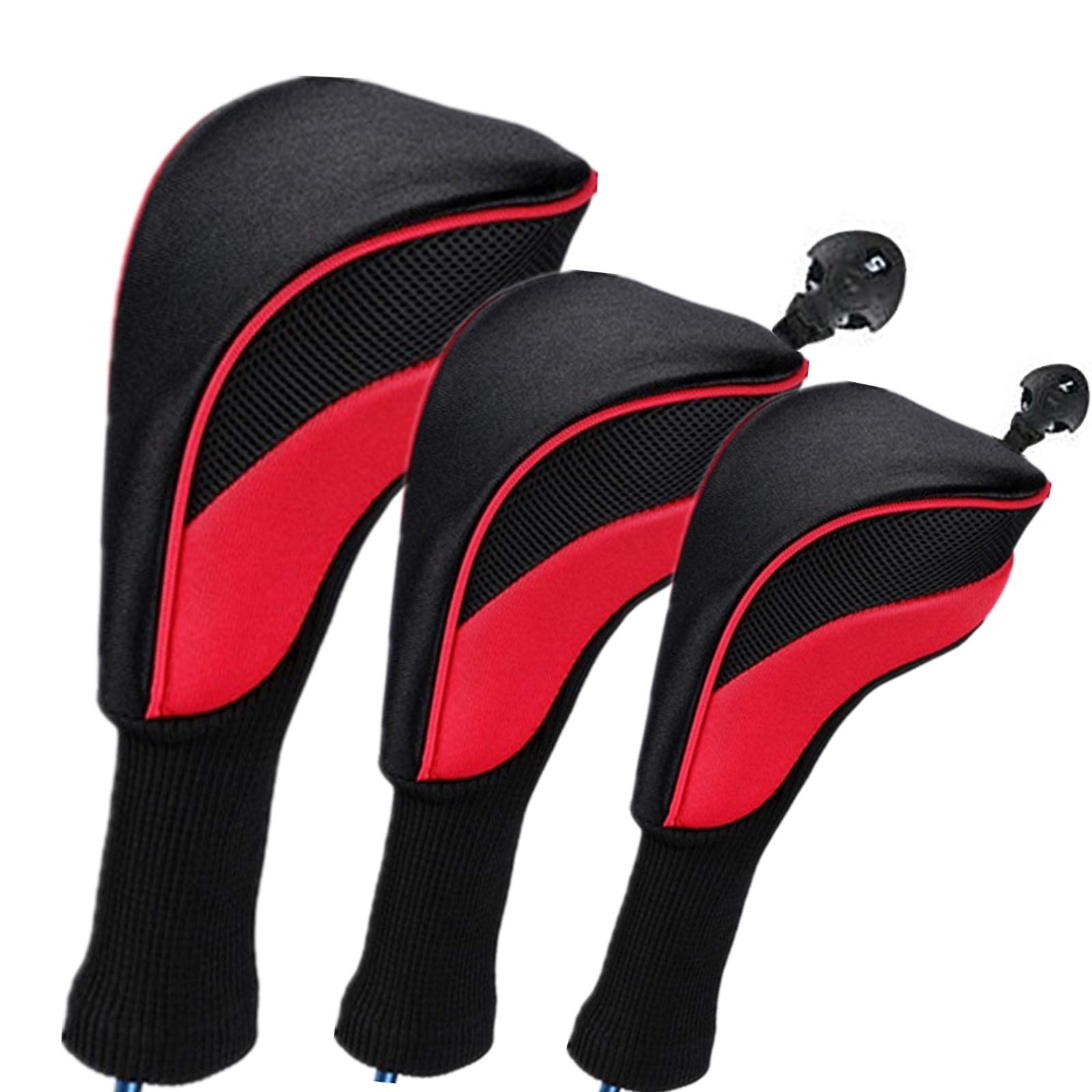 Golf Head Cover, 3pc Set Golf Wood Club Headcovers with Interchangeable No. Tag Novelty Durable Protective Case Fit Woods Clubs, Red