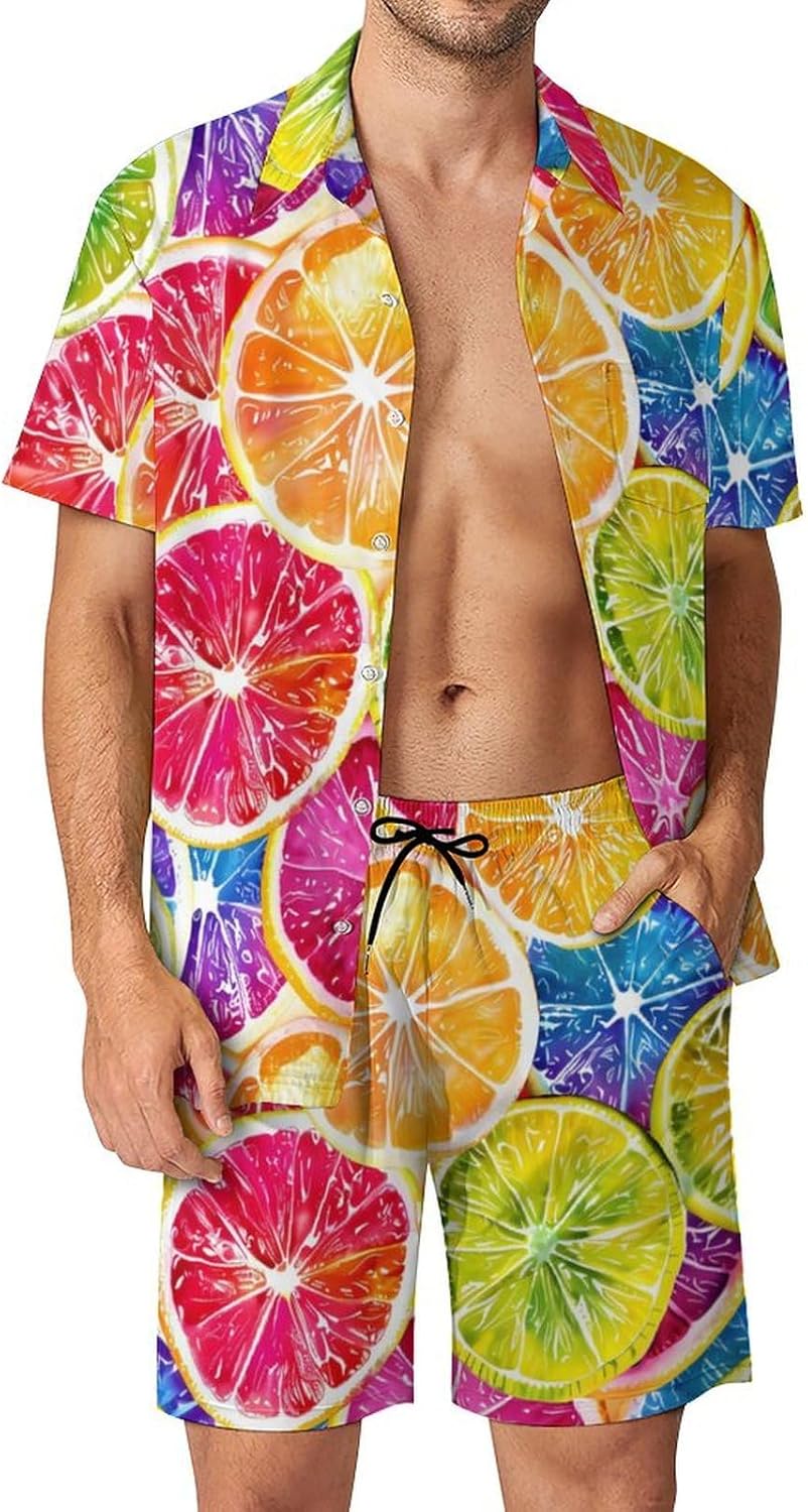 Colorful Lemon Fruit Men's Summer Beach Outfits Shirt And Shorts Set 2 Piece Vacation Swimwear