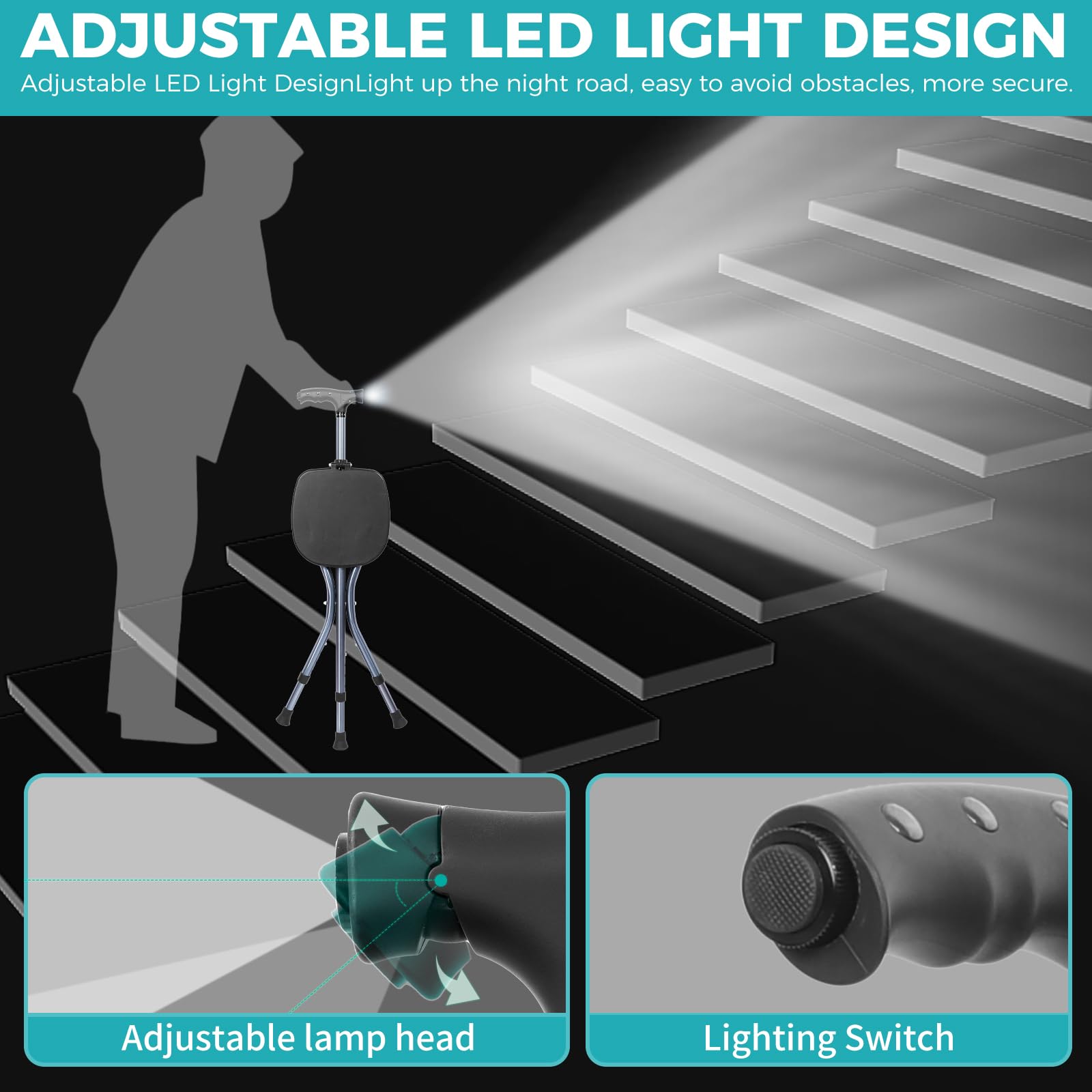 ENLUNTRA Bastone da passeggio pieghevole portatile regolabile con sedile, sedile per anziani, con manico magnetico massaggiante e LED, supporta fino a 150 kg