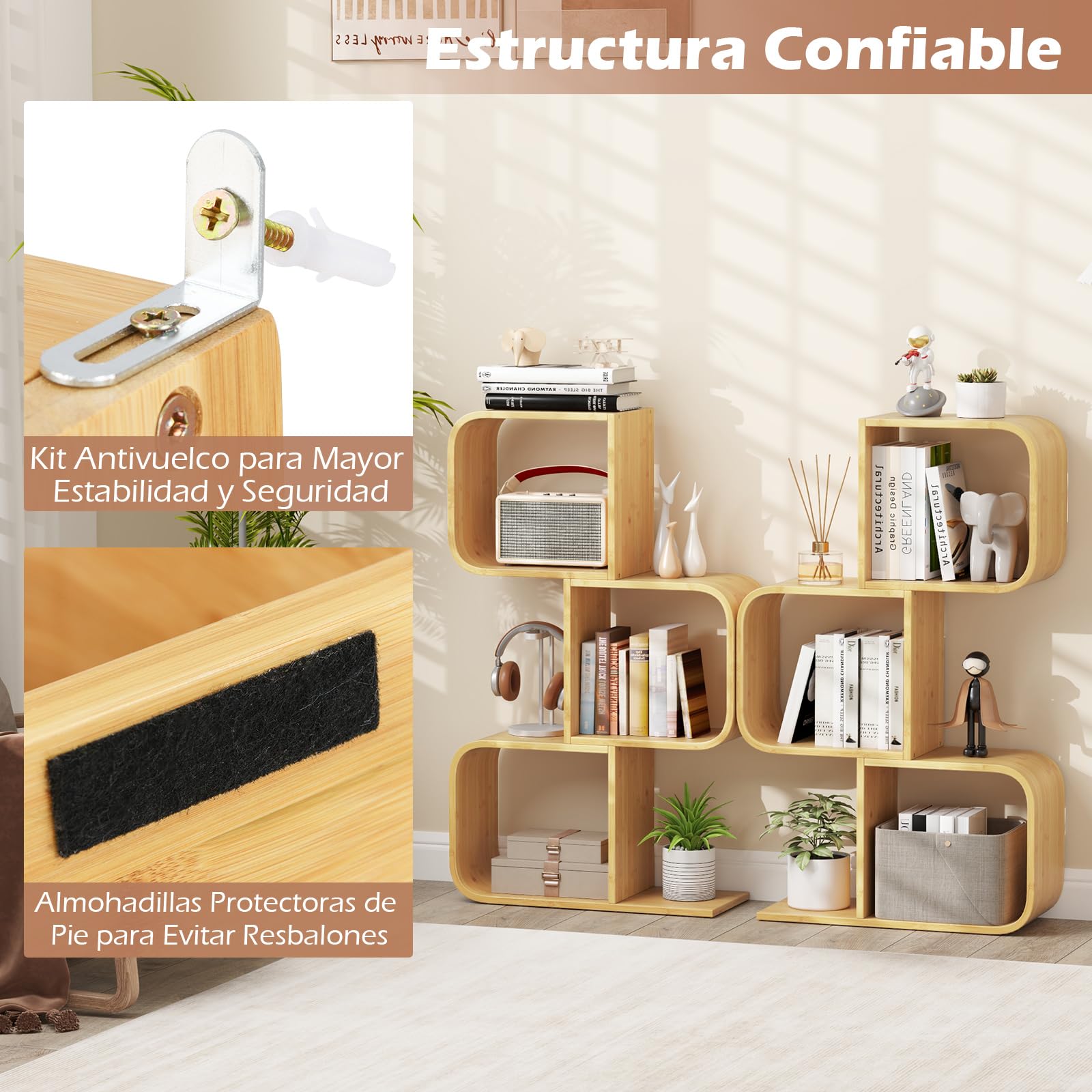 COSTWAY Estantería en Forma de S, Estantería de Almacenamiento de 3 Niveles con 3 Cubos Abiertos, Estantería de Bambú para Esquina Decorativo para Sala de Estar, Estudio, Oficina, Natural (3 Niveles)
