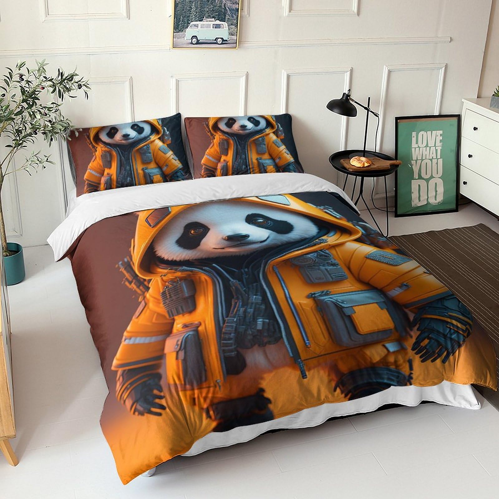 Parure housse de couette 220x240 panda mignon linge de lit 3 pièces pour adultes