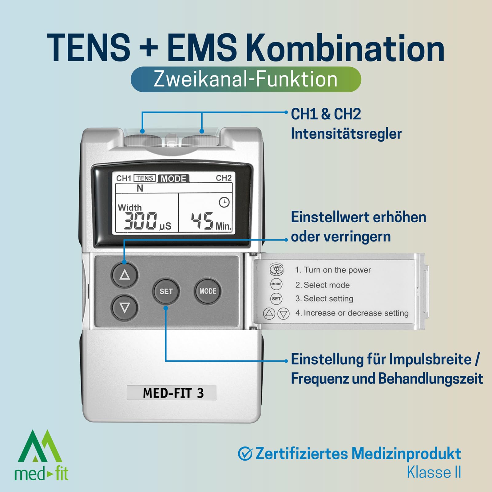Med-Fit 3 TENS Gerät Schmerztherapie & EMS Muskelstimulator 2 Kanal - Medizinprodukt Klasse IIa Reizstromgerät für Rückenschmerzen, Ischias, Arthrose, Nacken, Schulter & Muskelaufbau