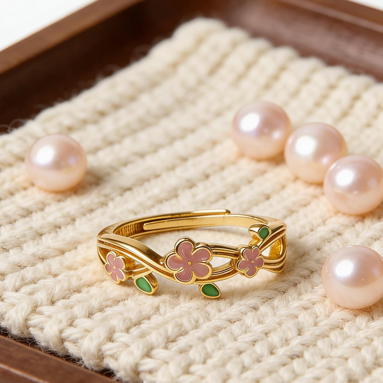 Adjustable Open Flower Rings for Women, 14K Gold Plated Dainty Cherry Blossom Rings with Cubic Zirconia/Enamel/Pearl, Cute Floral Statement Rings Fashion Jewelry Gifts for Birthday Mother's Day