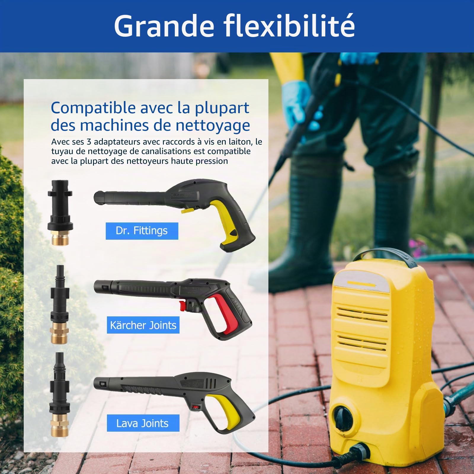 30m Tuyau Déboucheur Canalisation, Furet Deboucheur Canalisation 400 Bar/5800 PSI avec 3 Adaptateurs, 2 Buses et 1 Ruban Téflon, Compatible Kärcher K2-K7, Lavor, Bosch, Parkside pour Usage Domestique