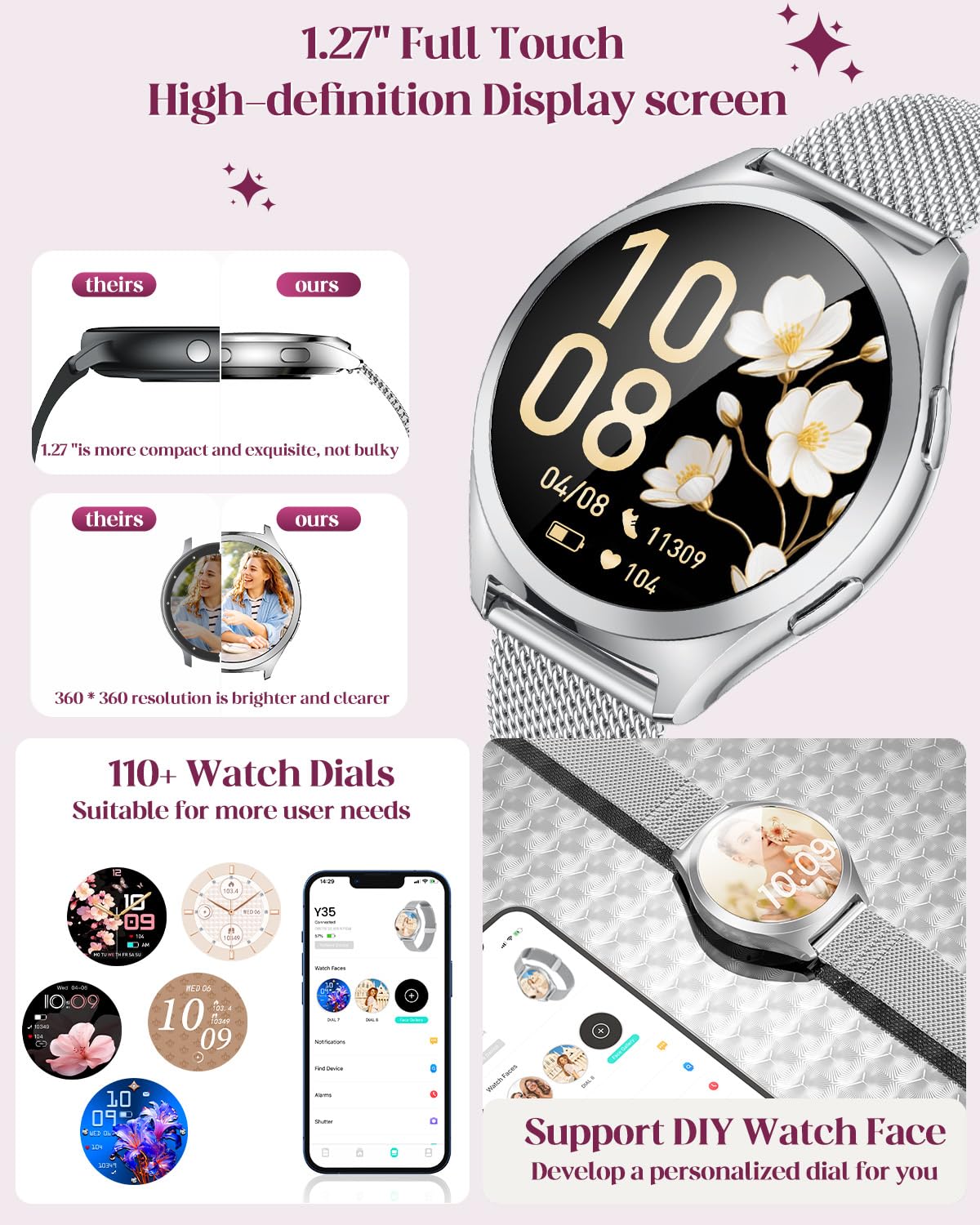 Smartwatch Donna Orologio con Chiamate Bluetooth: 1.27" Orologio Intelligente 100 Modalità Sportivo Smart Watch con Assistente Vocale Fitness Tracker IP68 Impermeabile Contapassi Polso per Android iOS