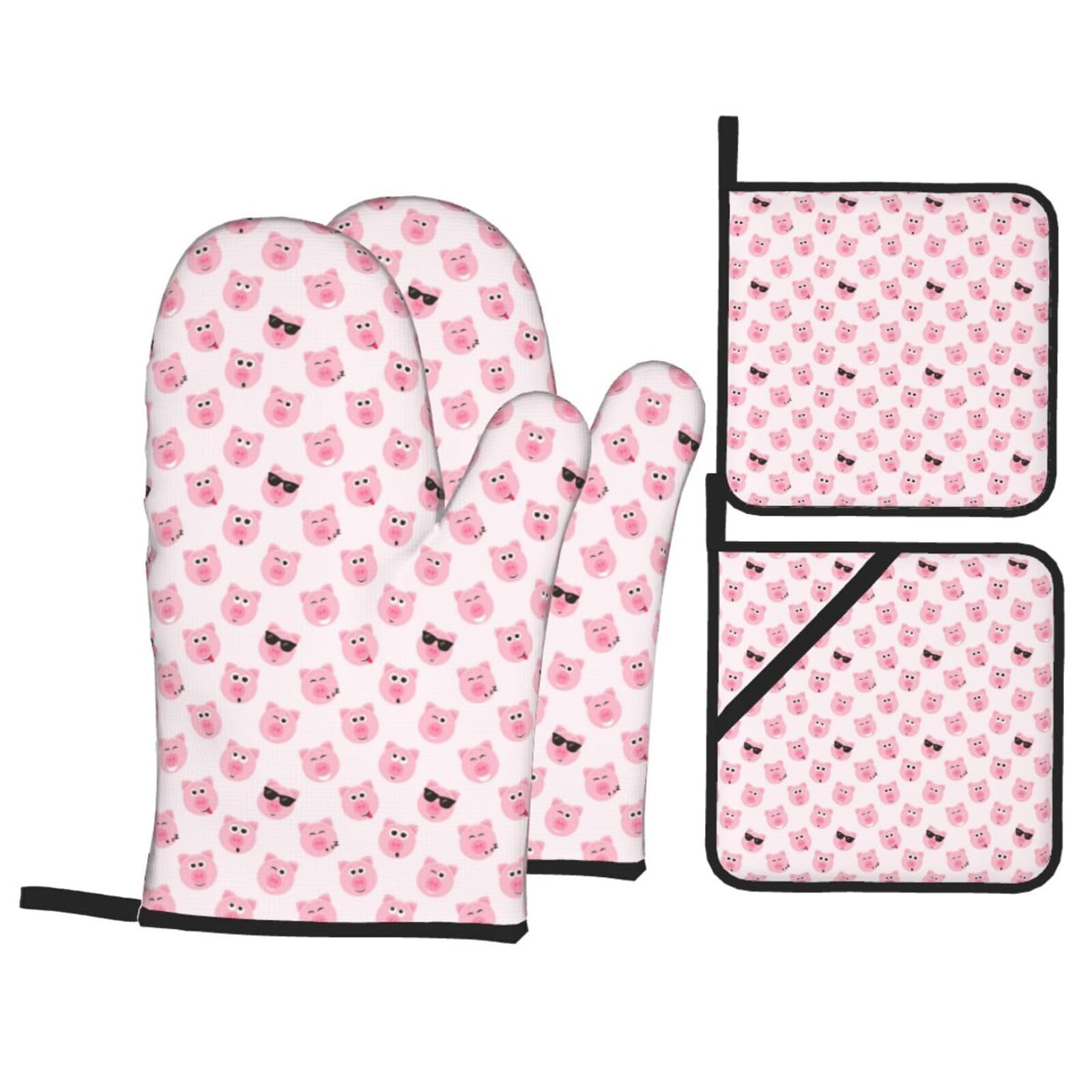 Funny Red Pig Face Print Stylish Heat-Resistant Oven 4-Piece Set Kitchen Gloves Roasting Daily Cooking