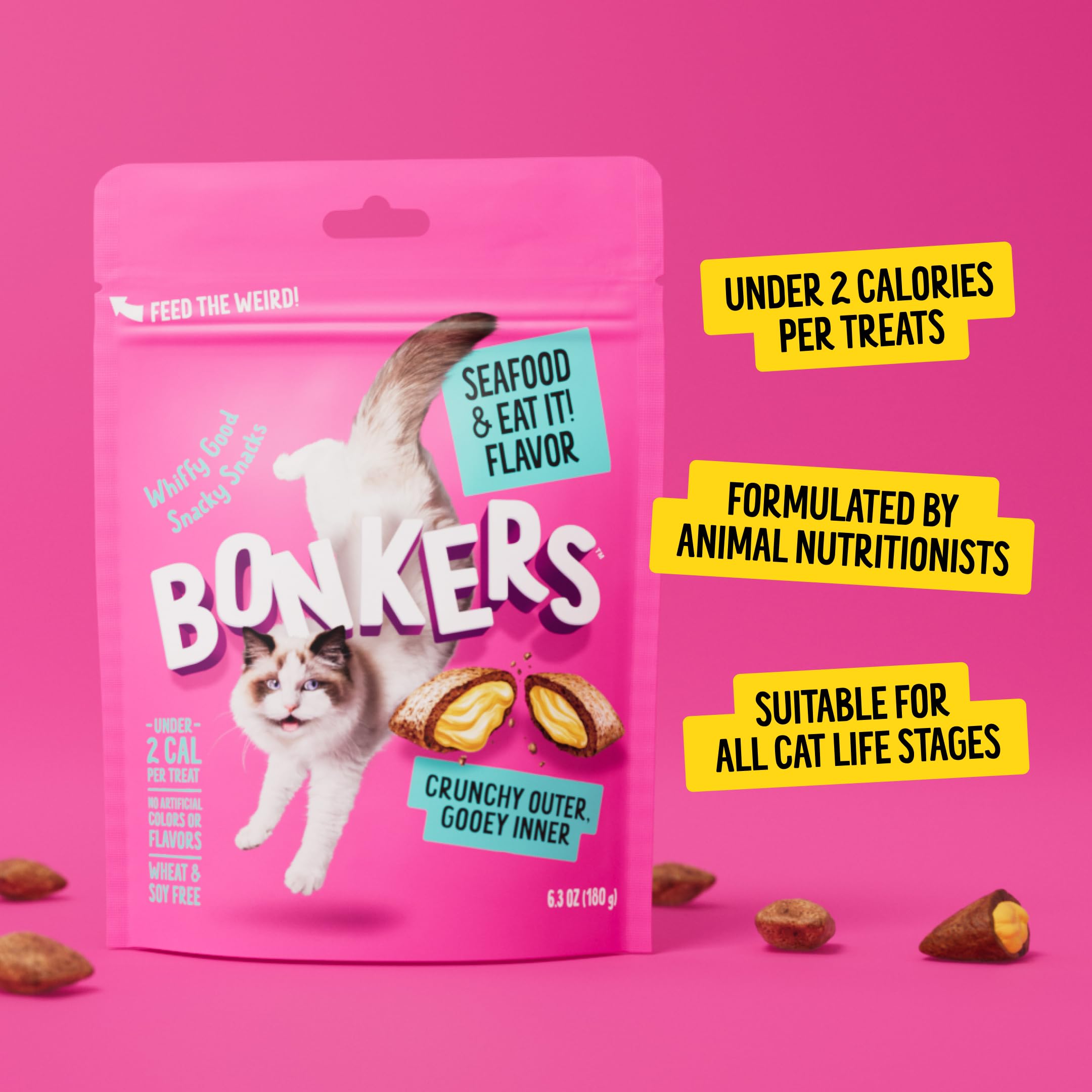 Bonkers Cat Treats Seafood & Eat It! Flavor 6.3 OZ, Cat Treats, Treats for Training, for All Breeds and Ages, Food Topper, Resealable Pouch (6 Pack)