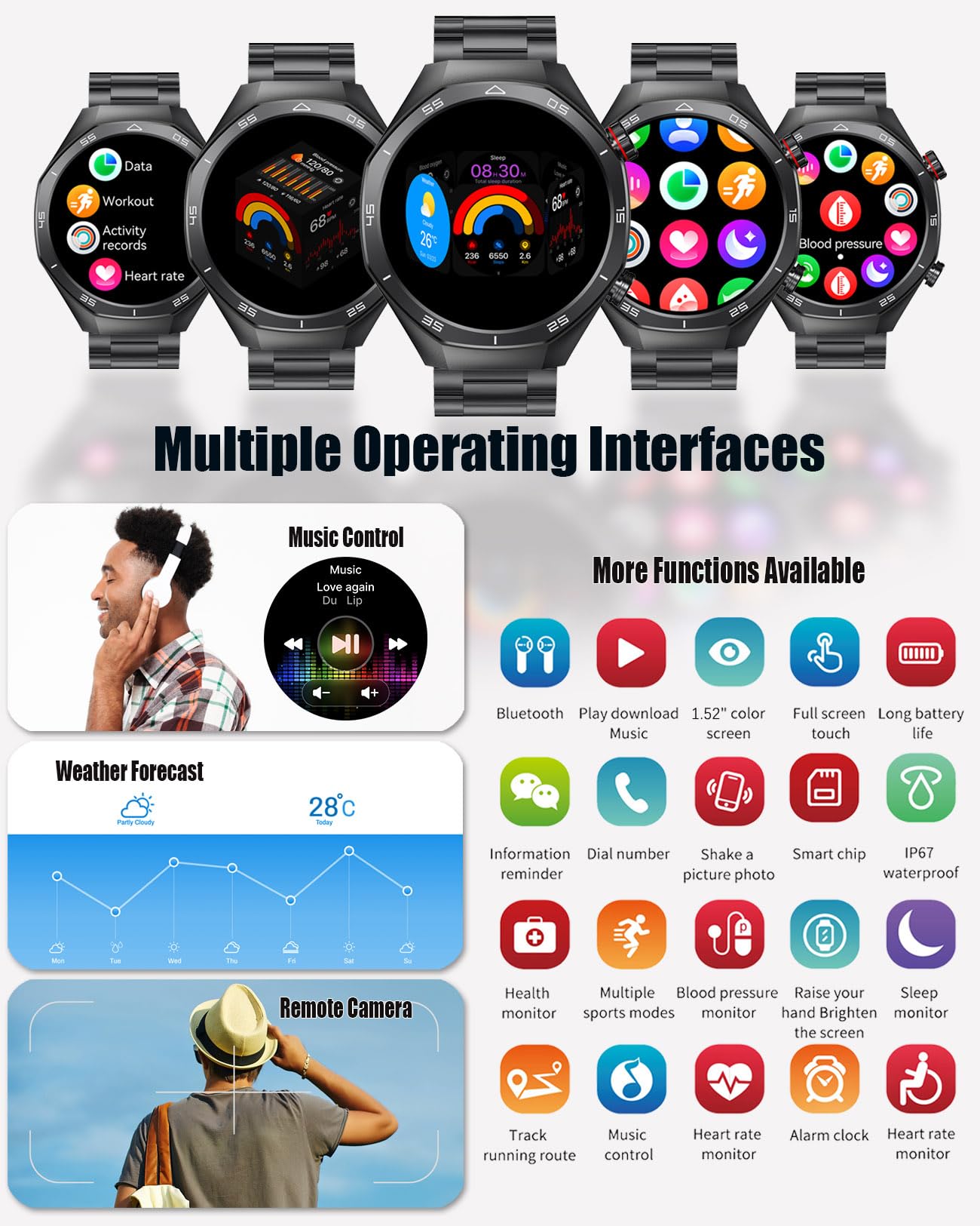 Montre intelligente homme Traqueur fitness Bluetooth Étanche IP67 Écran tactile HD 1,54" Fréquence cardiaque/pression artérielle
