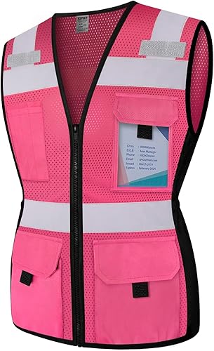 TCCFCCT Chaleco de seguridad para mujer, chaleco reflectante de malla de 11 bolsillos con cremallera, chaleco de trabajo de construcción de neón de