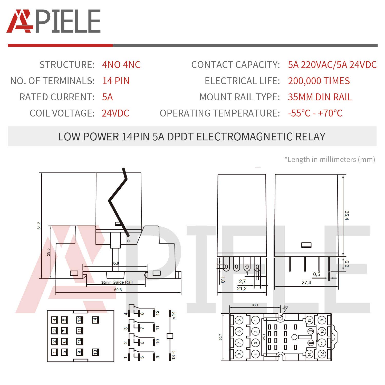 APIELE [Garanzia 3 anni] Relè di potenza elettromagnetica MY4NJ HH53P Bobina 4PDT 4NO + 4NC 14 pin 5A con indicatore luminoso con base (24 V DC)