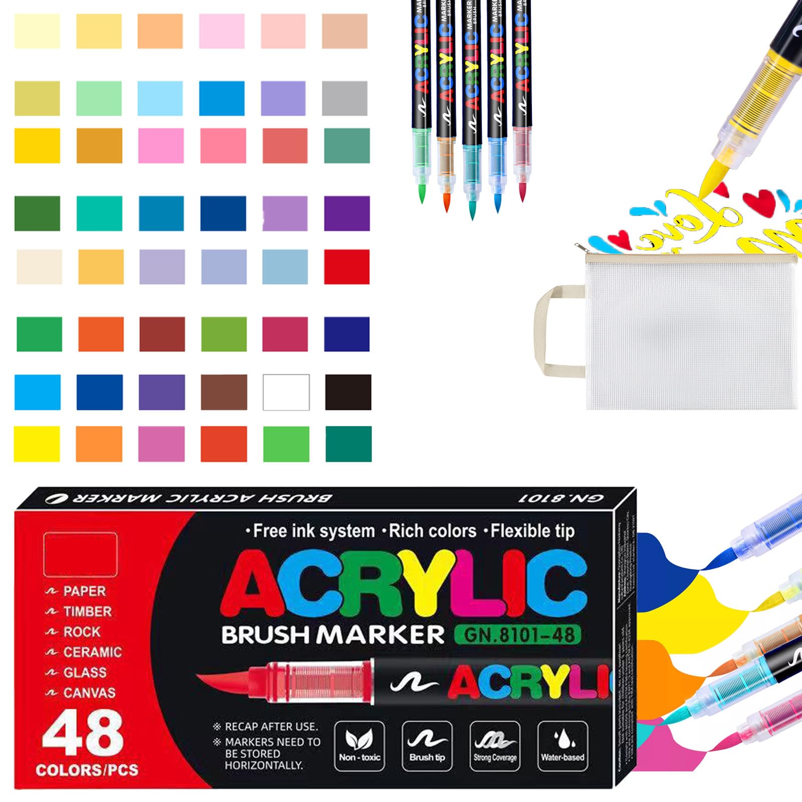 Straight Liquid Acrylic Marker, Direct Liquid Soft Head Acryl-Marker, Acrylic Pens For Stones, Acrylstifte Für Steine Wasserfest, Acrylic Marker Set Für Leinwand,Holz,Stein (48-Colors)