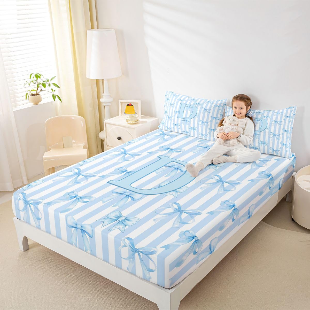 Homewish Początkowa litera D kokarda alfabet niebieskie paski zestaw pościeli podwójna kokarda prześcieradła w paski kawaii zestaw prześcieradeł - marzycielska księżniczka dopasowane górne