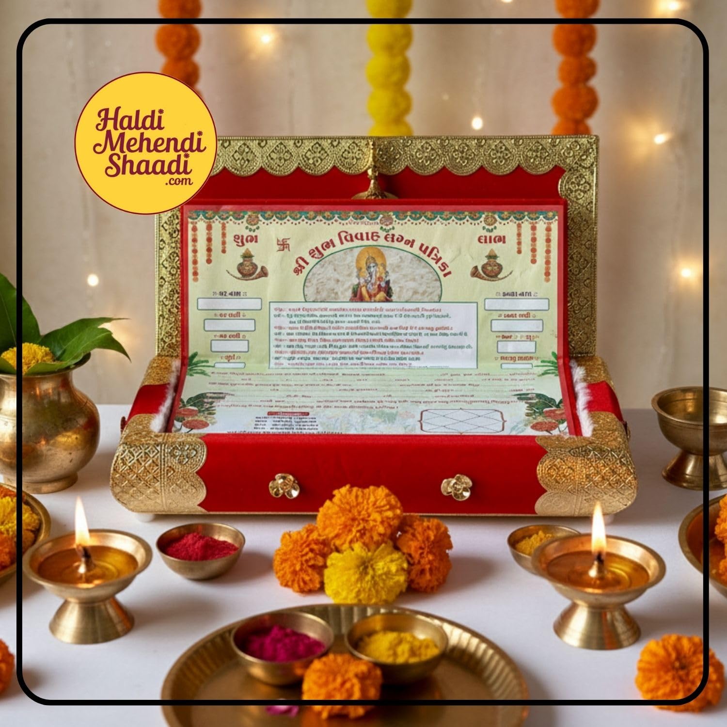 HALDI MEHENDI SHAADI Red Velvet Wedding Invitation Box with Gold Brass Frame, Ganesh Design, 12x6 Inch, Traditional Marriage Patrika with Tassel 2