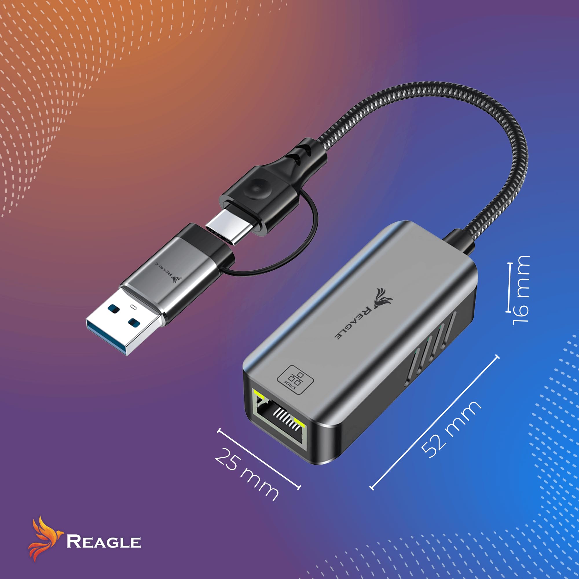 Reagle Adaptateur USB-A USB-C 3.2 vers RJ-45 Ethernet - 5000 Mbps, boîtier en aluminium, affichage LED, Plug & Play, compatible avec Windows & Mac OS, Android, Linux