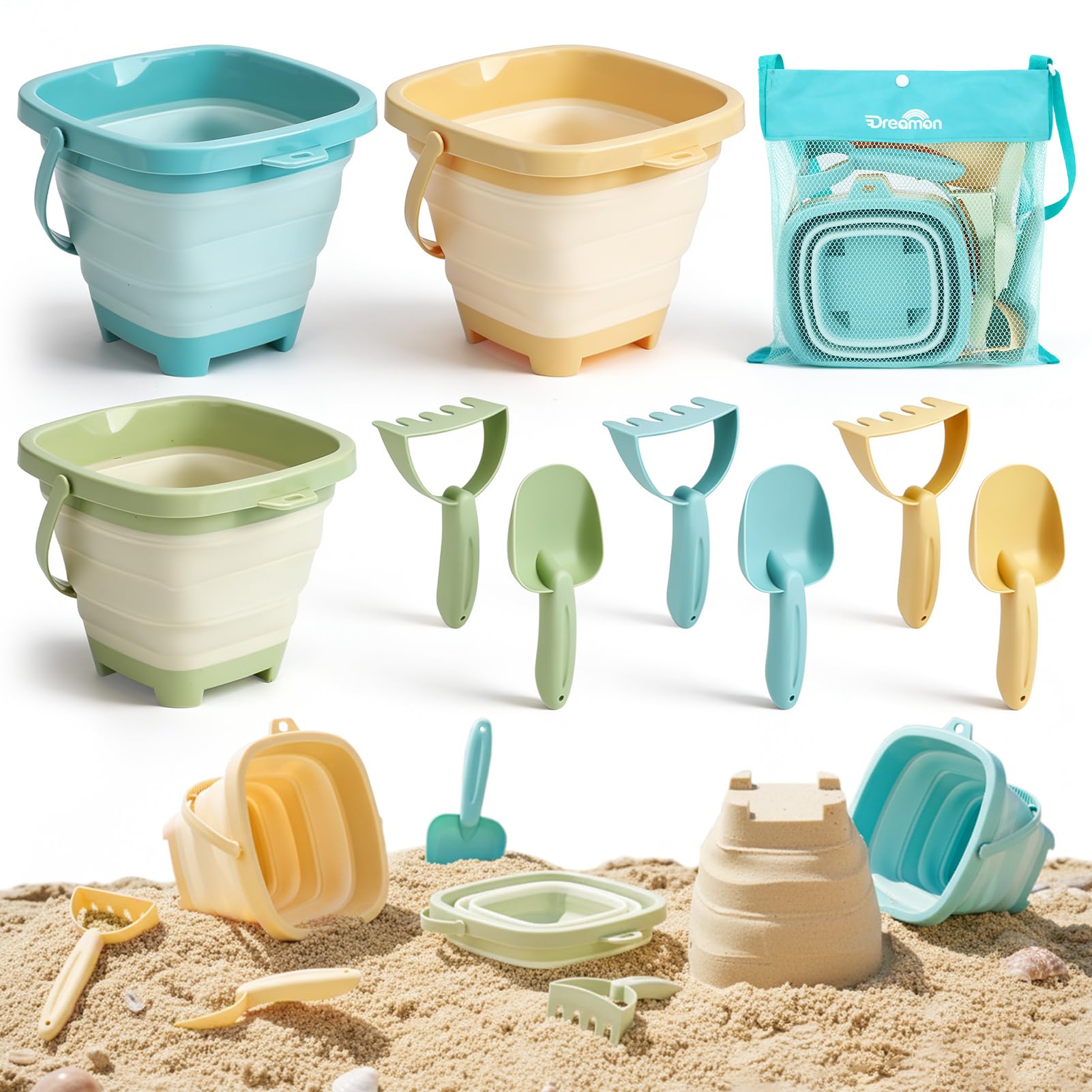Photo 1 of Dreamon Beach Toys 3-Pack Collapsible Buckets with Shovels & Rakes
