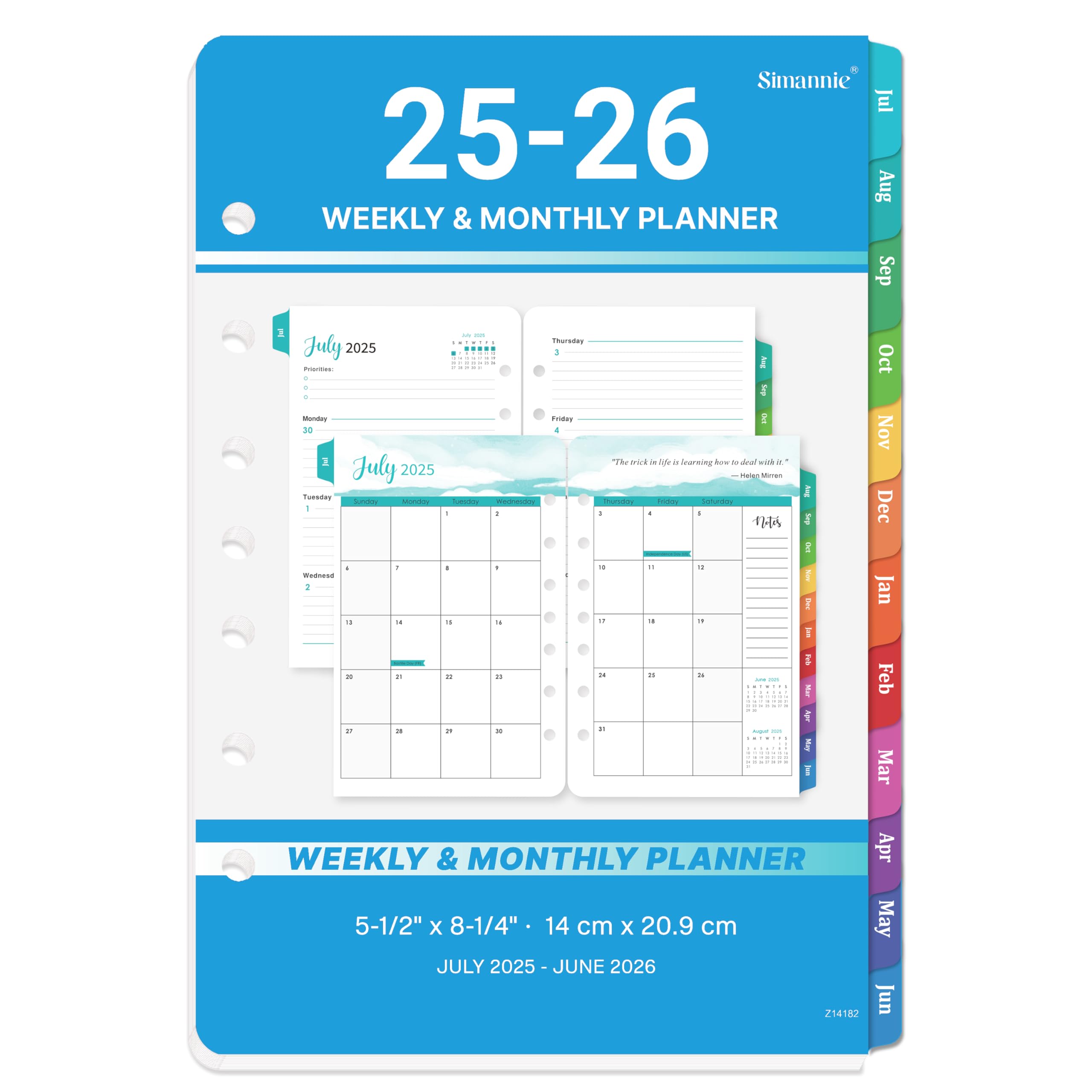 2025-2026 Monthly Planner Refills - 7-Hole Planner Inserts from JULY 2025 to JUNE 2026, 5.5'' x 8.5'', A5 Planner Refills, 2025-2026 Weekly and Monthly Calendar with 7-Hole Punched