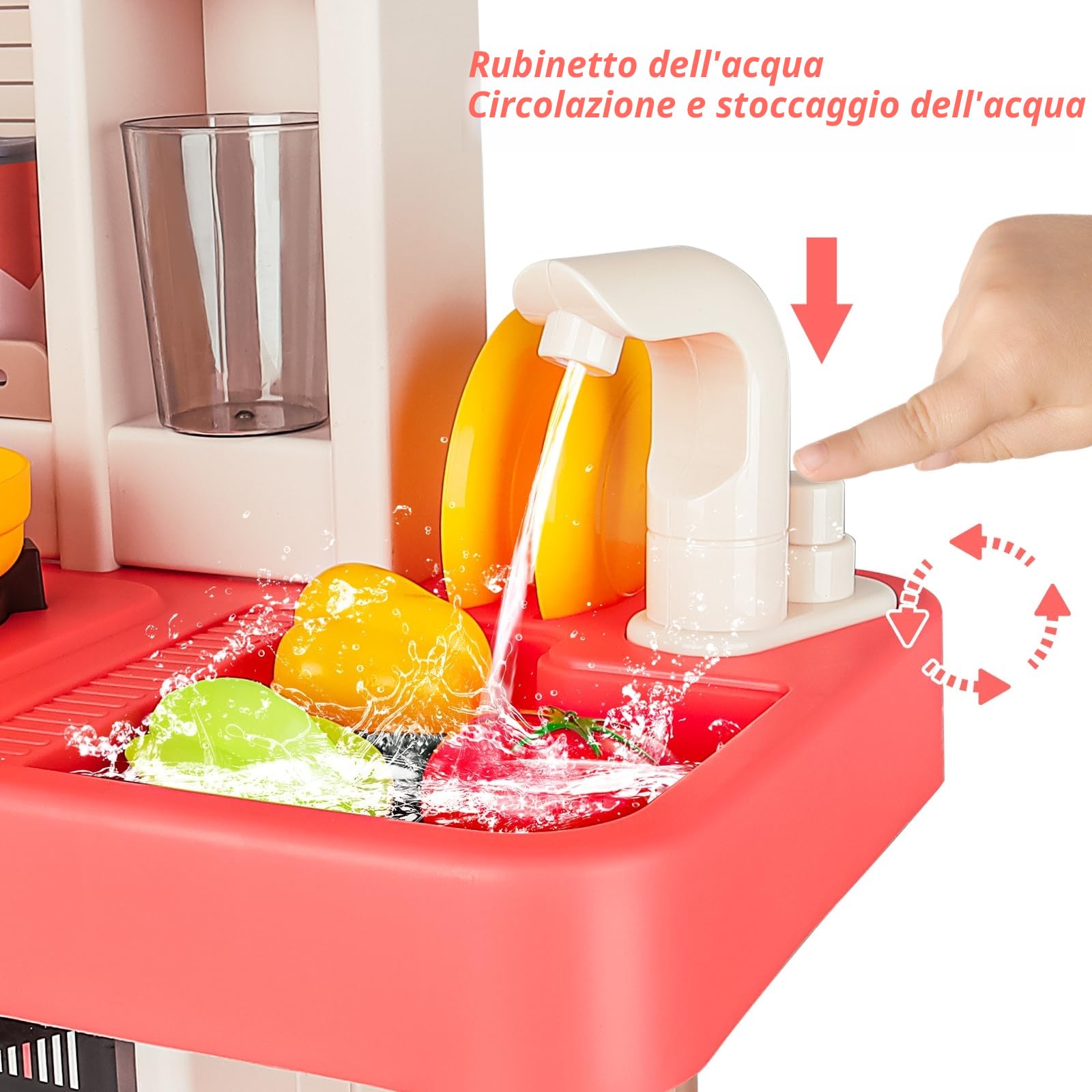 deAO Kitchen Toy Cucina per bambini con suoni e luci, vapore, 50PCS accessori da cucina per bambini include piatti, cibo, lavello, forno e piastre di cottura giocattoli, set da gioco, Rosa