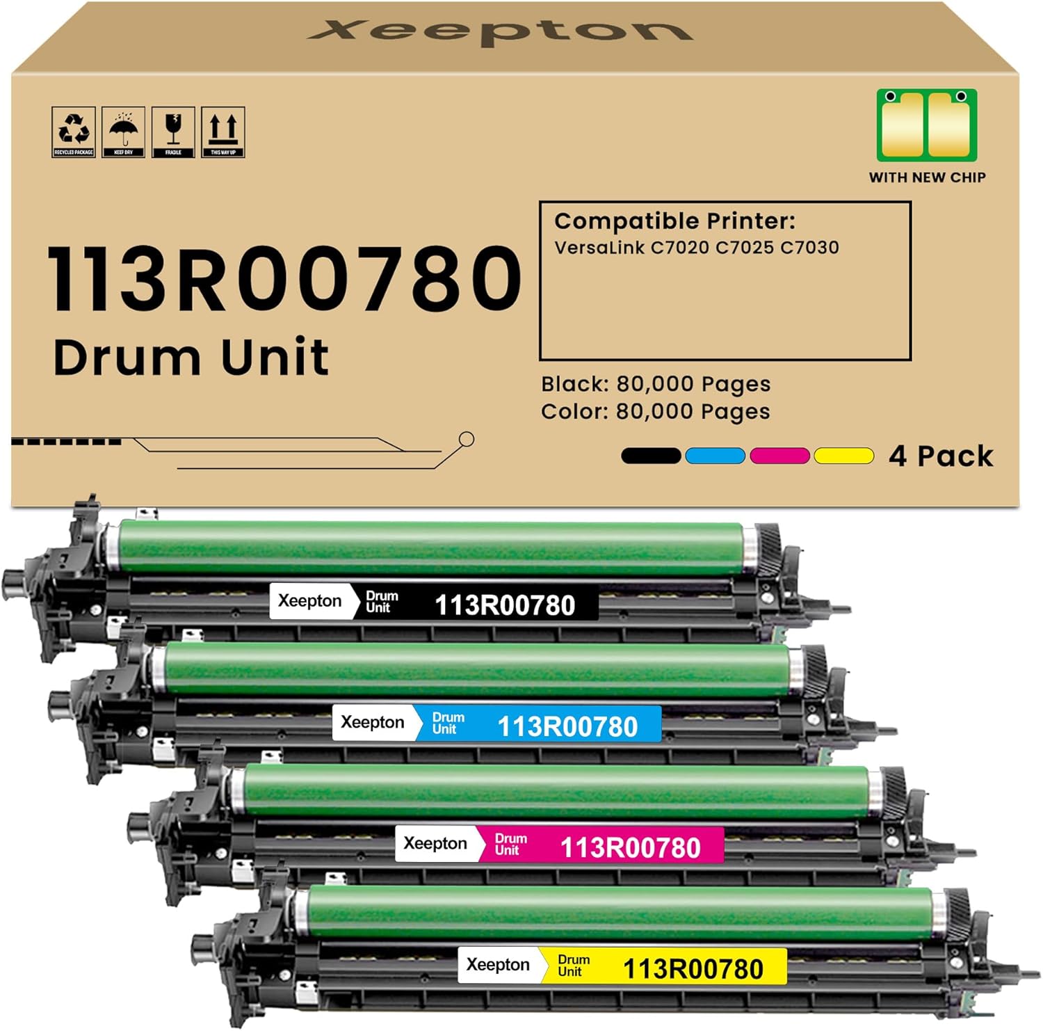VersaLink C7020 C7025 C7030 Drum Unit Replacement for Xerox 113R00780 VersaLink C7020 C7025 C7030 Drum Cartridge for VersaLink C7020 C7025 C7030 Printer (4-Pack, Black Cyan Magenta Yellow)