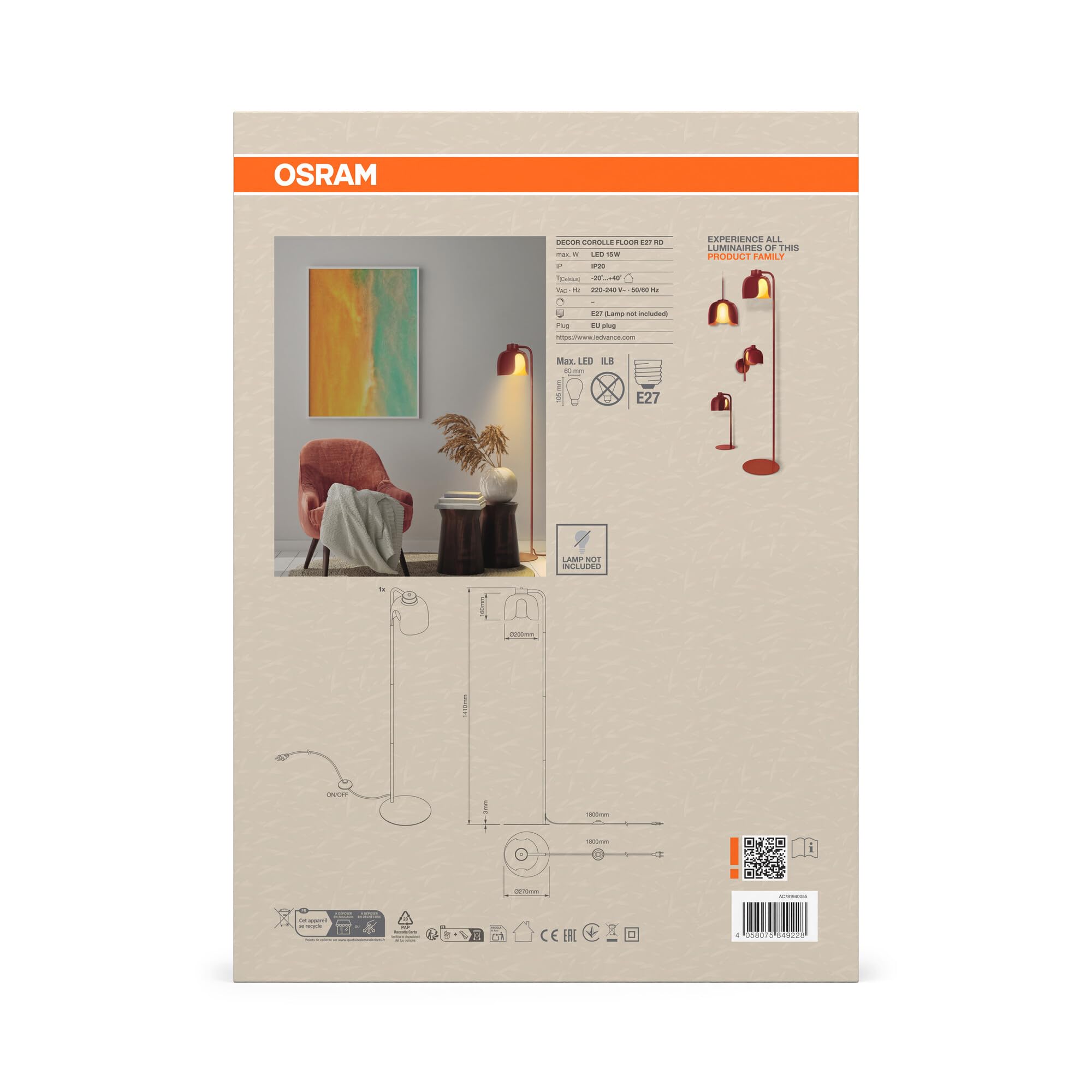 OSRAM Lampada da terra DECOR Corolle, vetro in metallo rosso, versione E27, cavo in tessuto, stile retrò, diametro 270mm