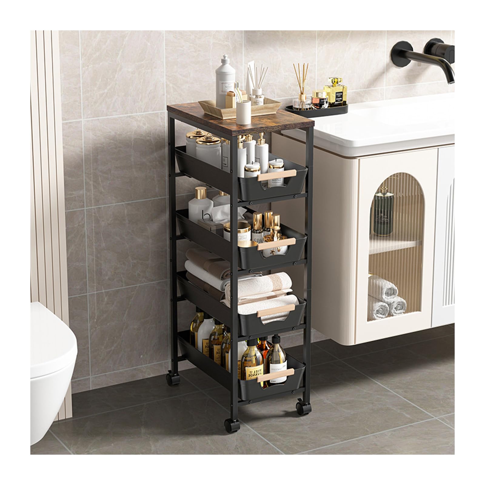 Carro de cocina con 5 estantes y 4 cajones, ruedas de 360° con 2 frenos, con placa de madera y cestas ventiladas, para almacenar frutas, verduras, microondas en la cocina y el salón (32 x