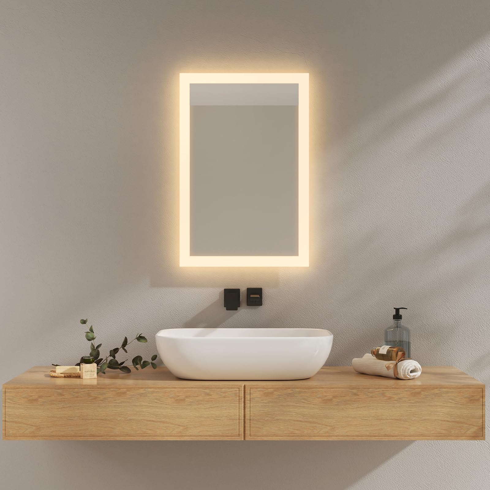 EMKE Espejo Baño con Luz Led 40x60 cm, 3000K Blanco cálido | Espejo de baño LED , Interruptor de Pared, Instalación Vertical/Horizontal, Espejo Anti-explosión IP44, LED Espejo