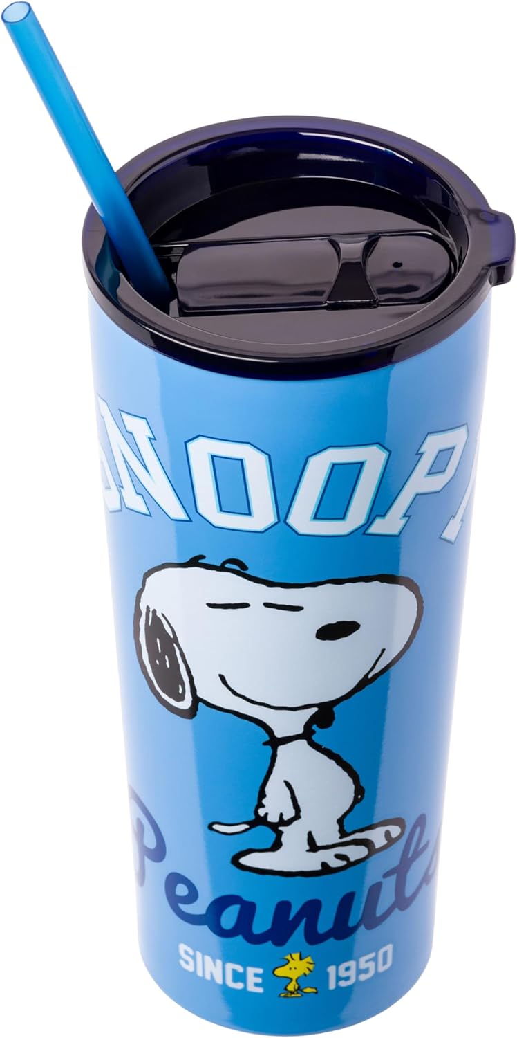 Silver Buffalo Peanuts Double Walled Stainless Steel Tumbler with Straw Featuring Snoopy and Woodstock, 22 Ounces - Image 3