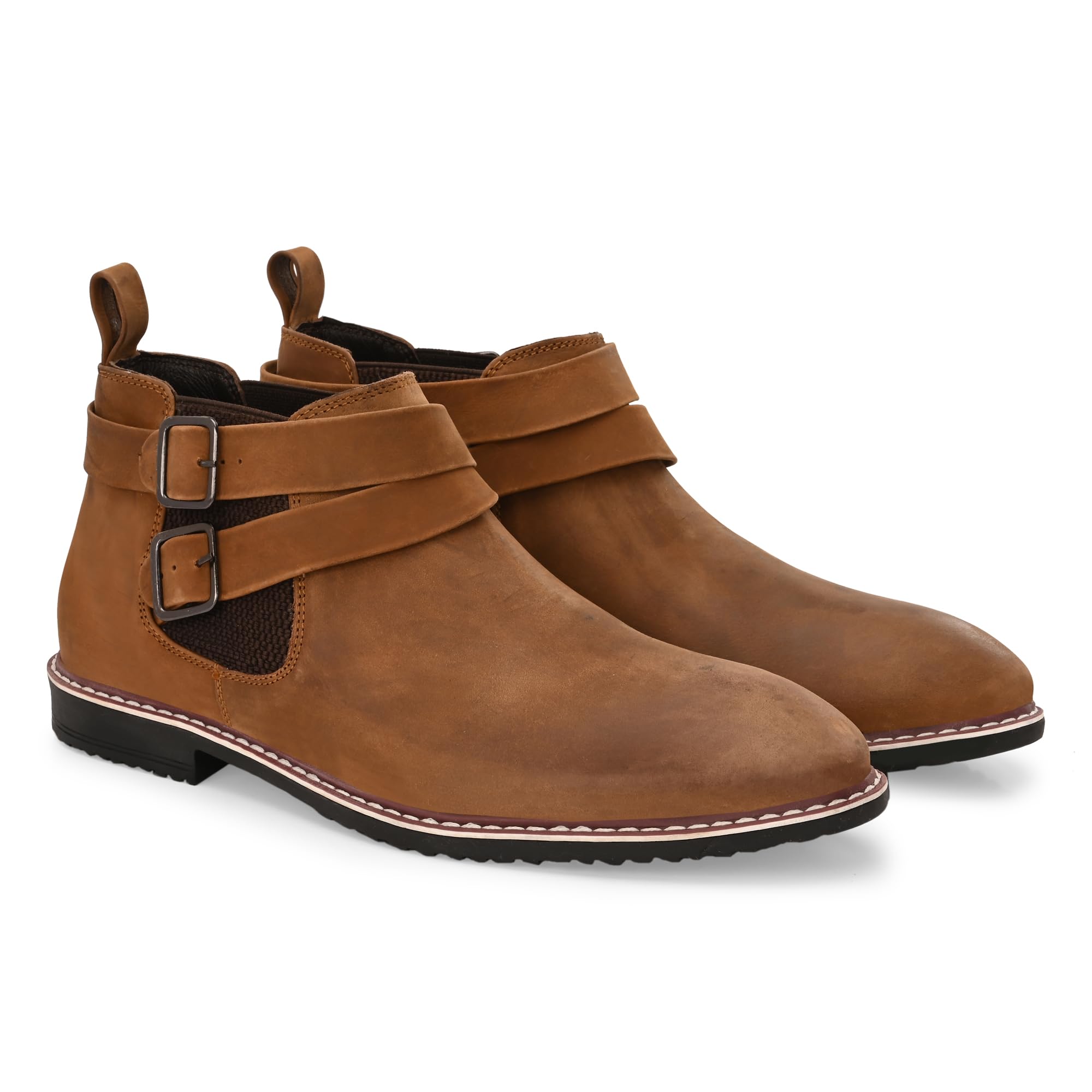 Men's Chelsea Ankle Boots, Leather (Oil Pulp), Strap with Double Buckle Design.-image-31