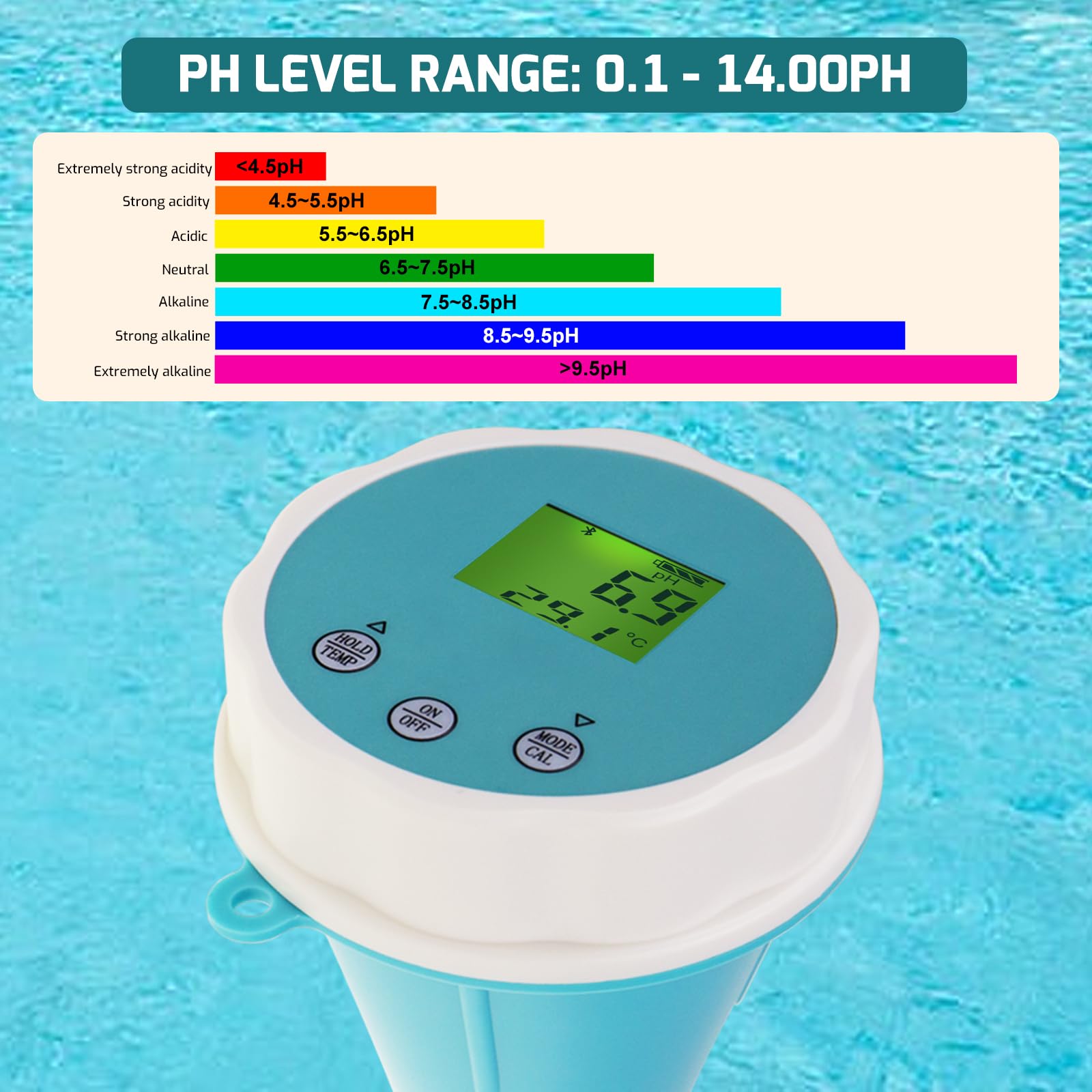 6-in-1 Digitaler schwimmender Wassermonitor mit Bluetooth | Echtzeit pH-, EC-, ORP-, Chlor-, Salzgehalt- und Temperaturtests | 1000 Datensätze, wasserdicht IP67, 24-Stunden-Überwachung