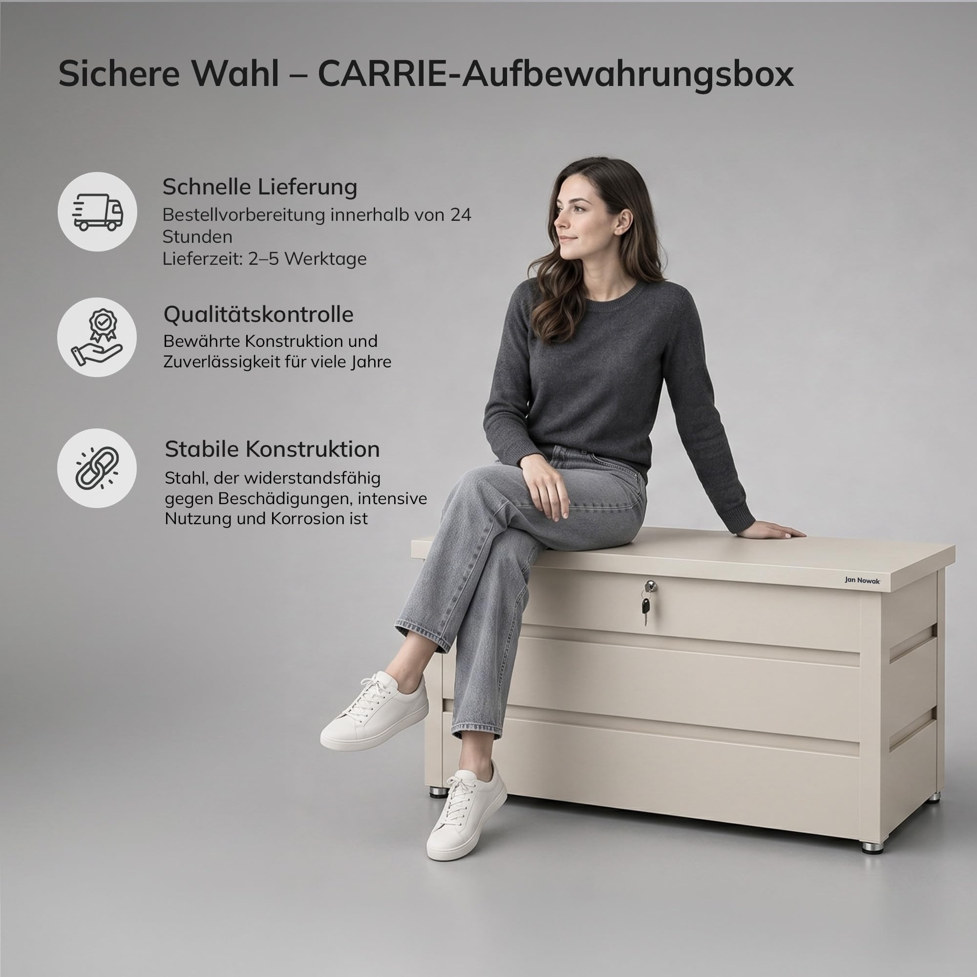 Jan Nowak Gartenbox Metall 360 L Auflagenbox wasserdicht abschließbar Kissenbox Stahl Balkonbox Terrassenbox Outdoor Aufbewahrungsbox mit Gasdruckfedern Sitzfunktion 119 x 58,7 x 52 cm