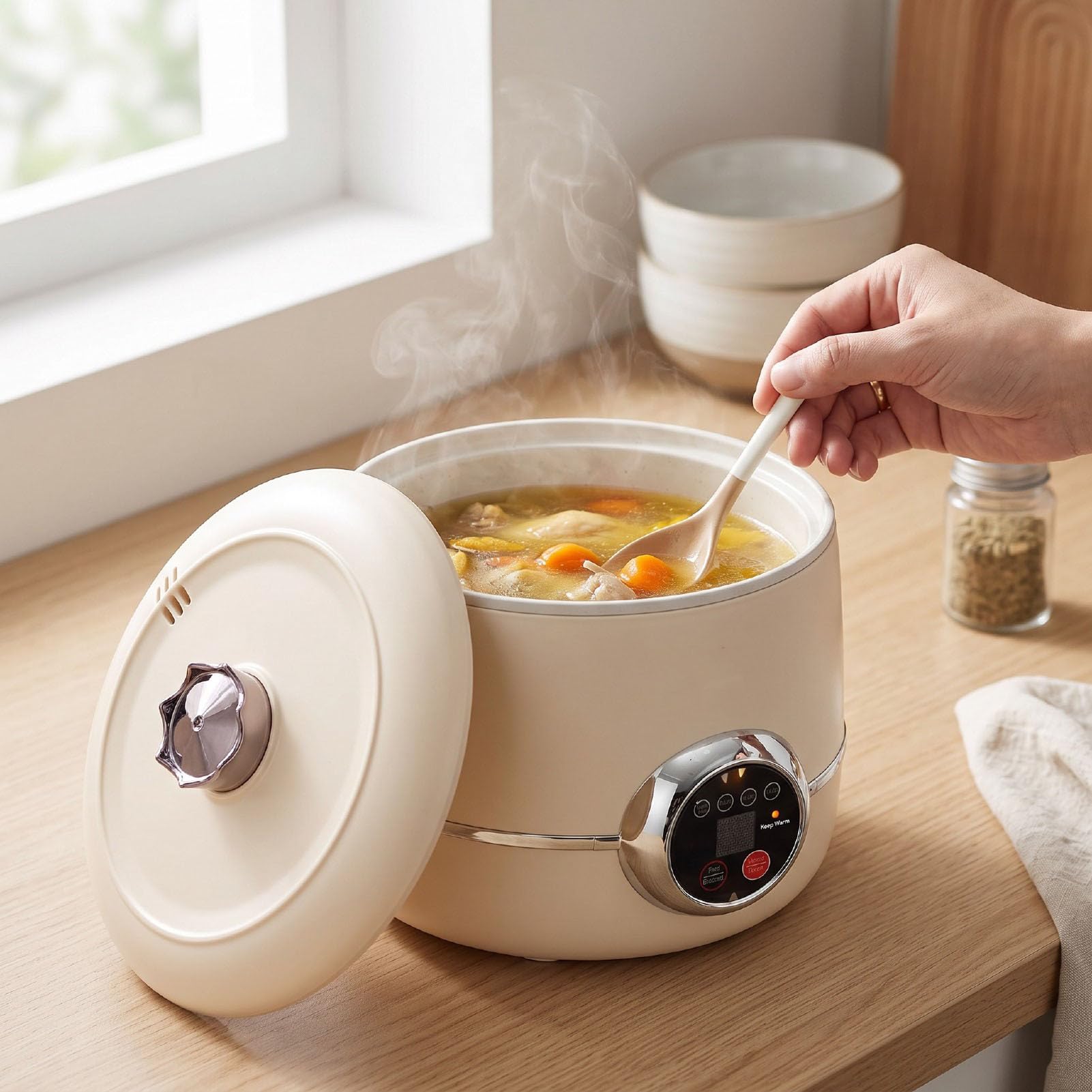 Mini Rice Cooker 1.6L dla 1-2 Osób z Nieprzywierającym Garnkiem i Timerem