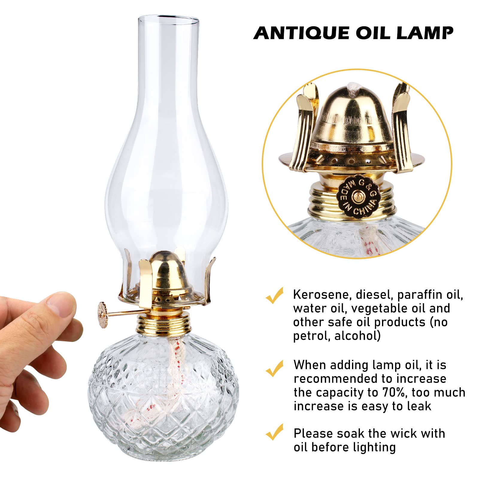 Lampe à Pétrole Vintage En Verre - Luminosité Réglable, Coupe-vent Pour Intérieur/extérieur