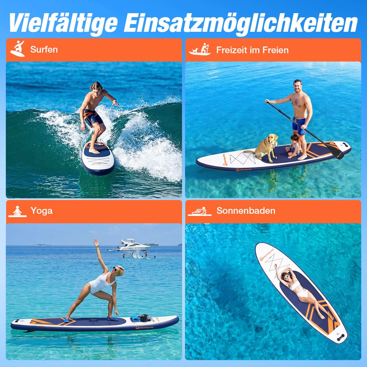 Warmounts 350cm Aufblasbares SUP Board, 86cm Breit Stand Up Paddle für Anfänger & Erwachsene, Allround Paddleboard mit Verstellbarem Paddel, Kamerahalterung, Pumpe und Rucksack, 190 kg